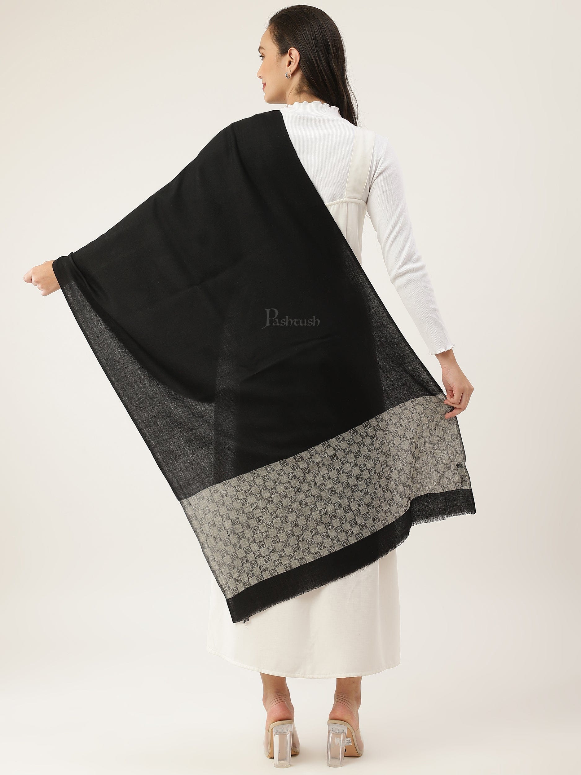 Pashtush India Womens Stoles and Scarves Scarf Pashtush women Extra Fine Wool stole, check palla design, Black