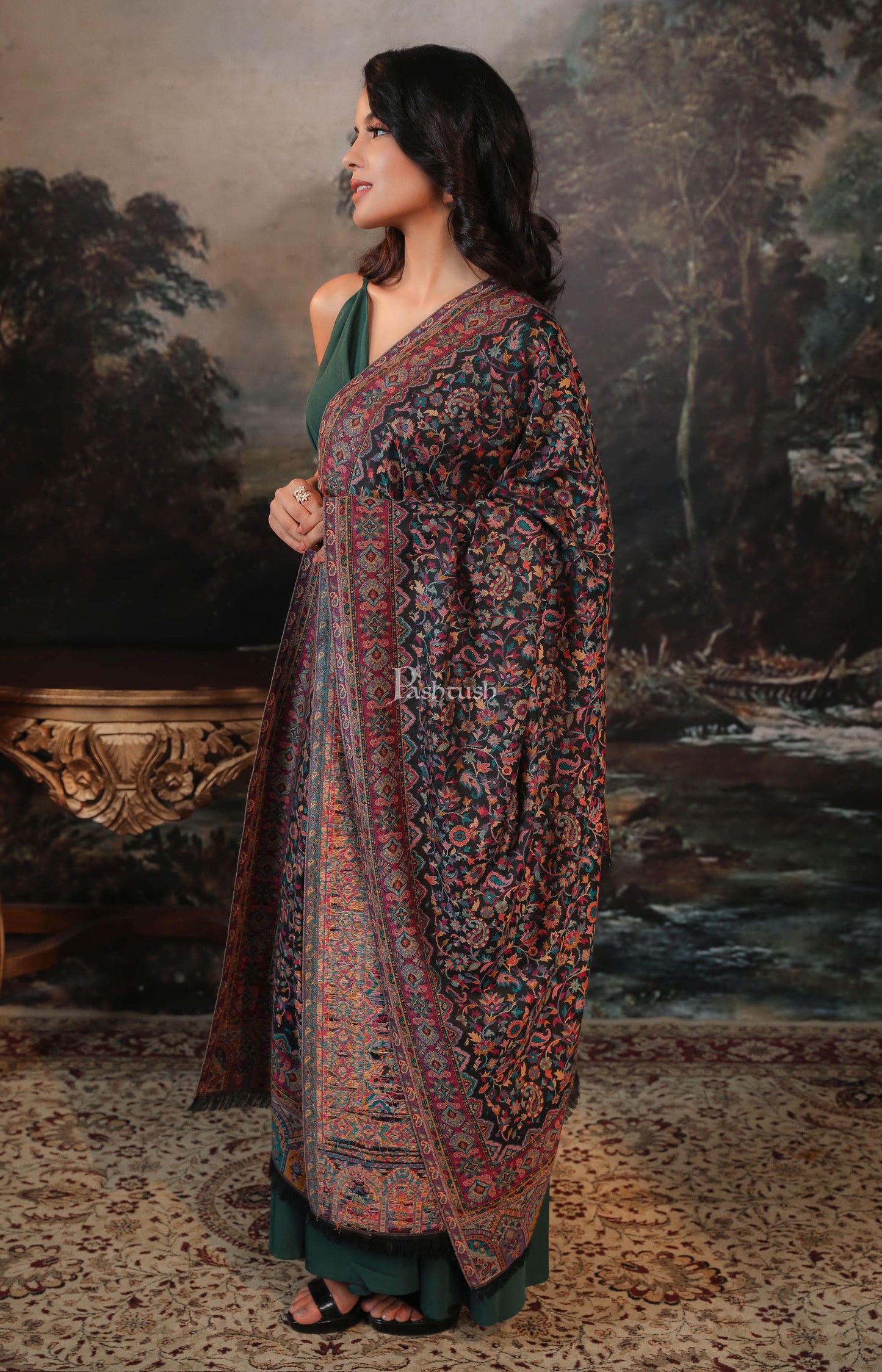 Pashtush India Womens Shawls Pashtush women faux pashmina shawl, ethnic weave design, black