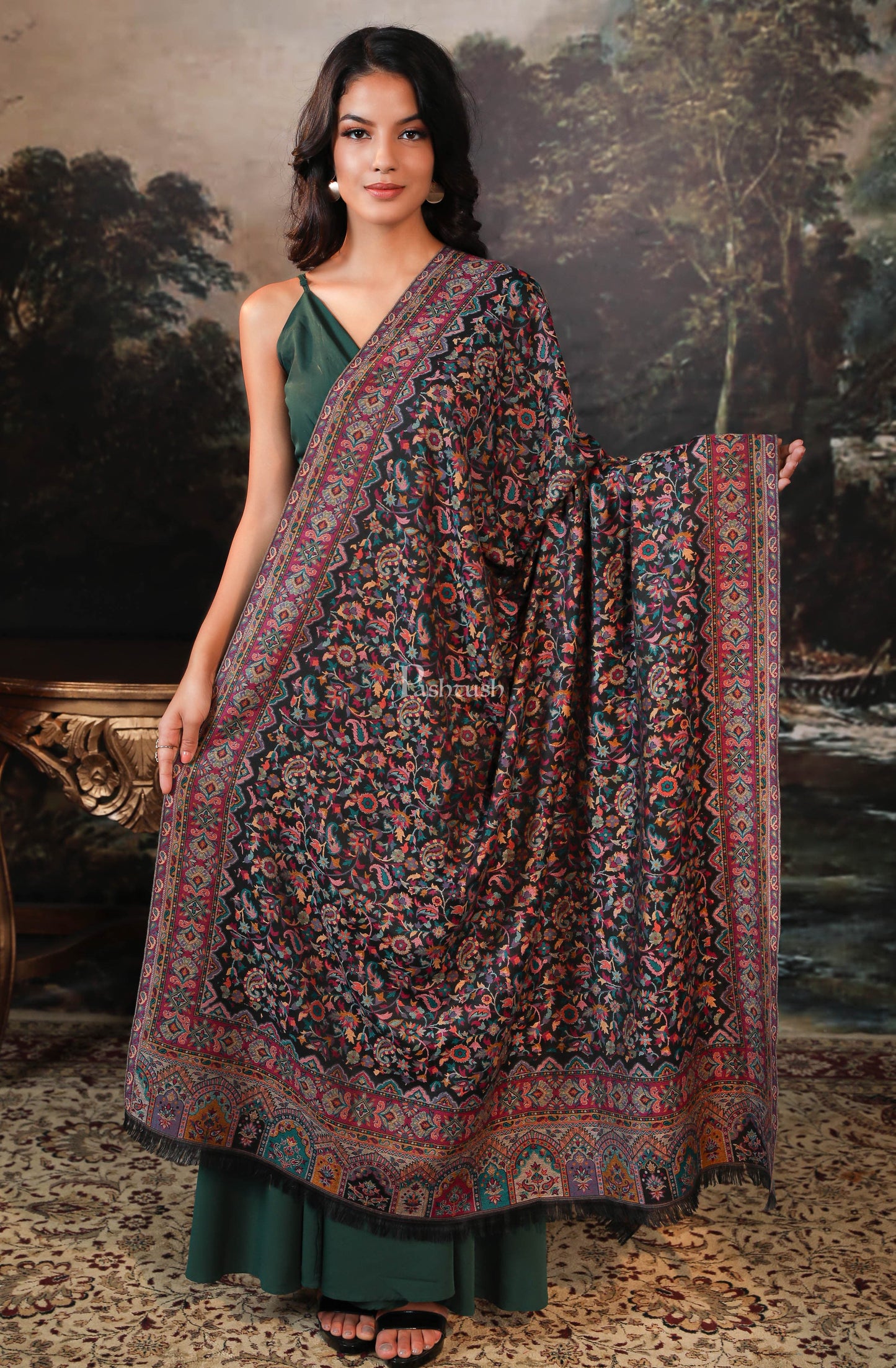 Pashtush India Womens Shawls Pashtush women faux pashmina shawl, ethnic weave design, black