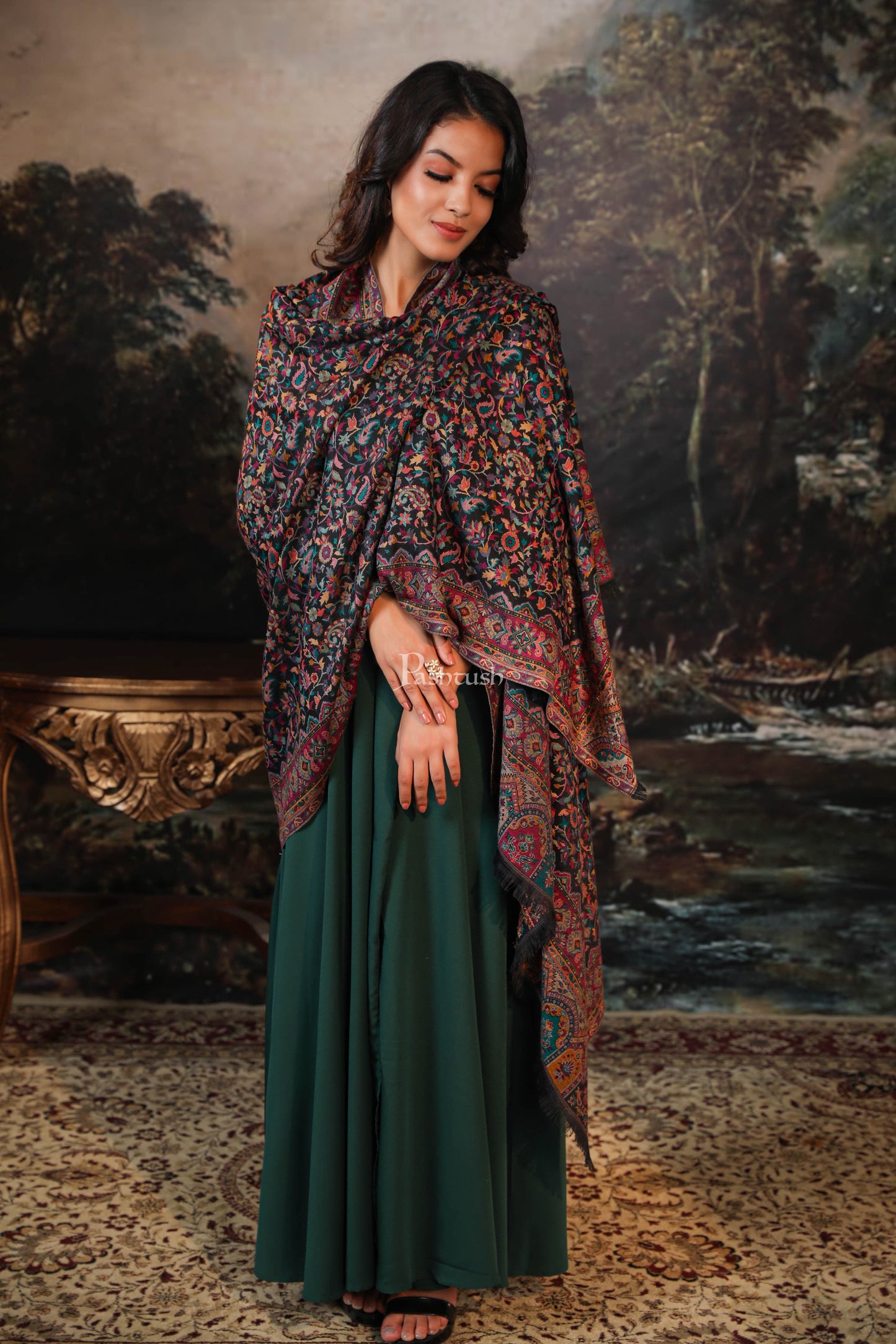 Pashtush India Womens Shawls Pashtush women faux pashmina shawl, ethnic weave design, black