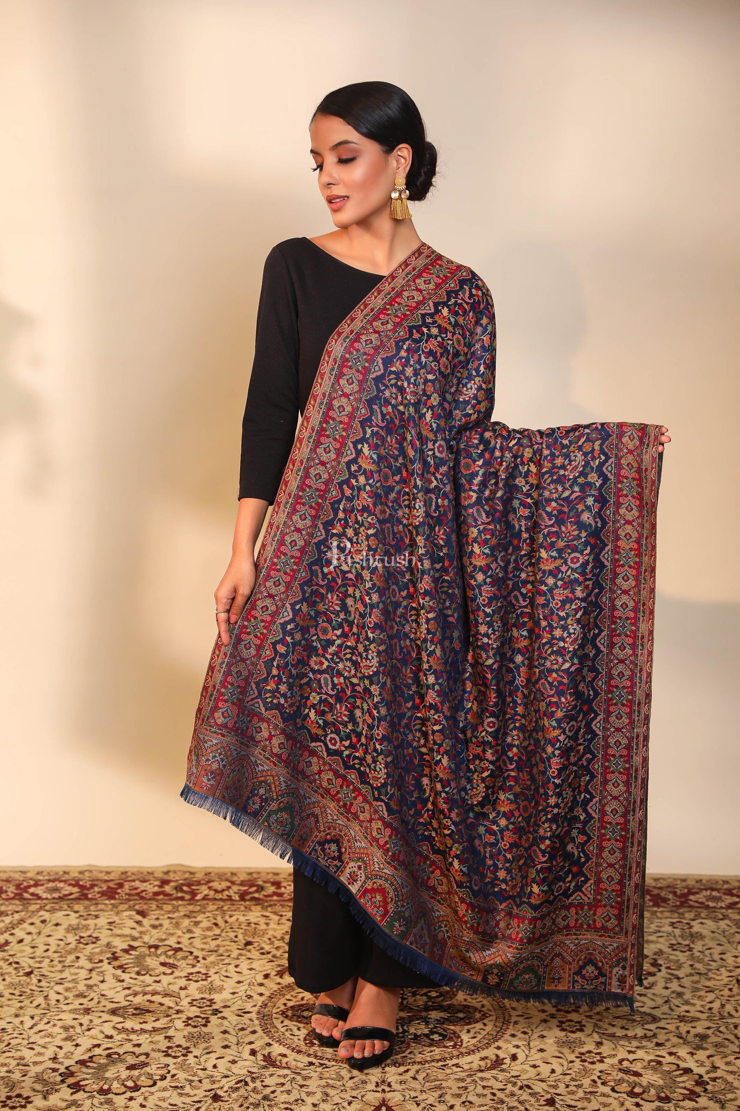Pashtush India Womens Shawls Pashtush women faux pashmina shawl, ethnic weave design, navy blue