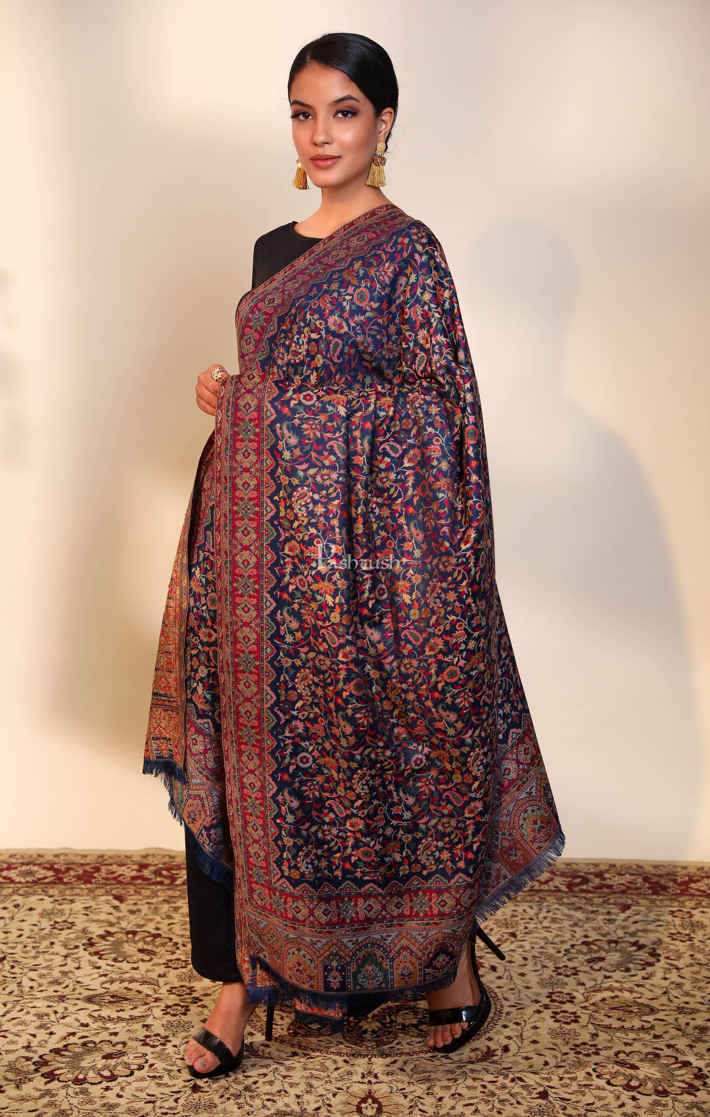 Pashtush India Womens Shawls Pashtush women faux pashmina shawl, ethnic weave design, navy blue