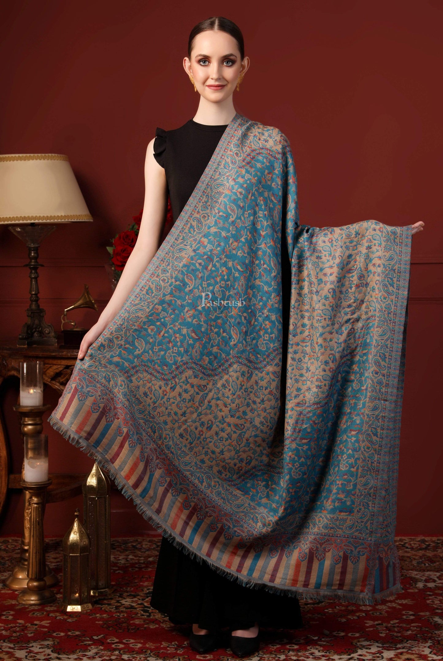 Pashtush India 100x200 Pashtush Women Faux Pashmina, Woven Design Jamawar Shawl, Blue Beige