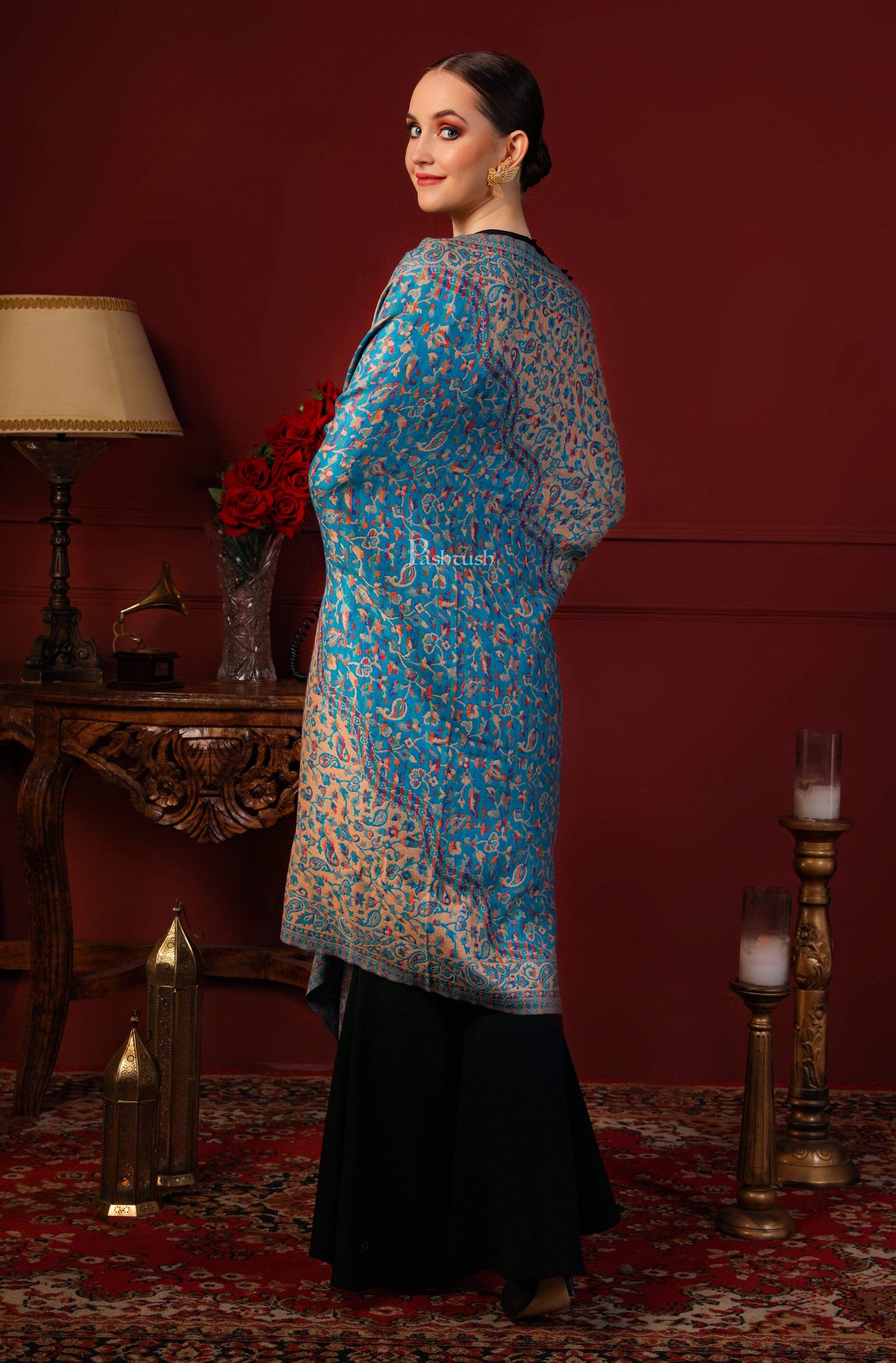 Pashtush India 100x200 Pashtush Women Faux Pashmina, Woven Design Jamawar Shawl, Blue Beige