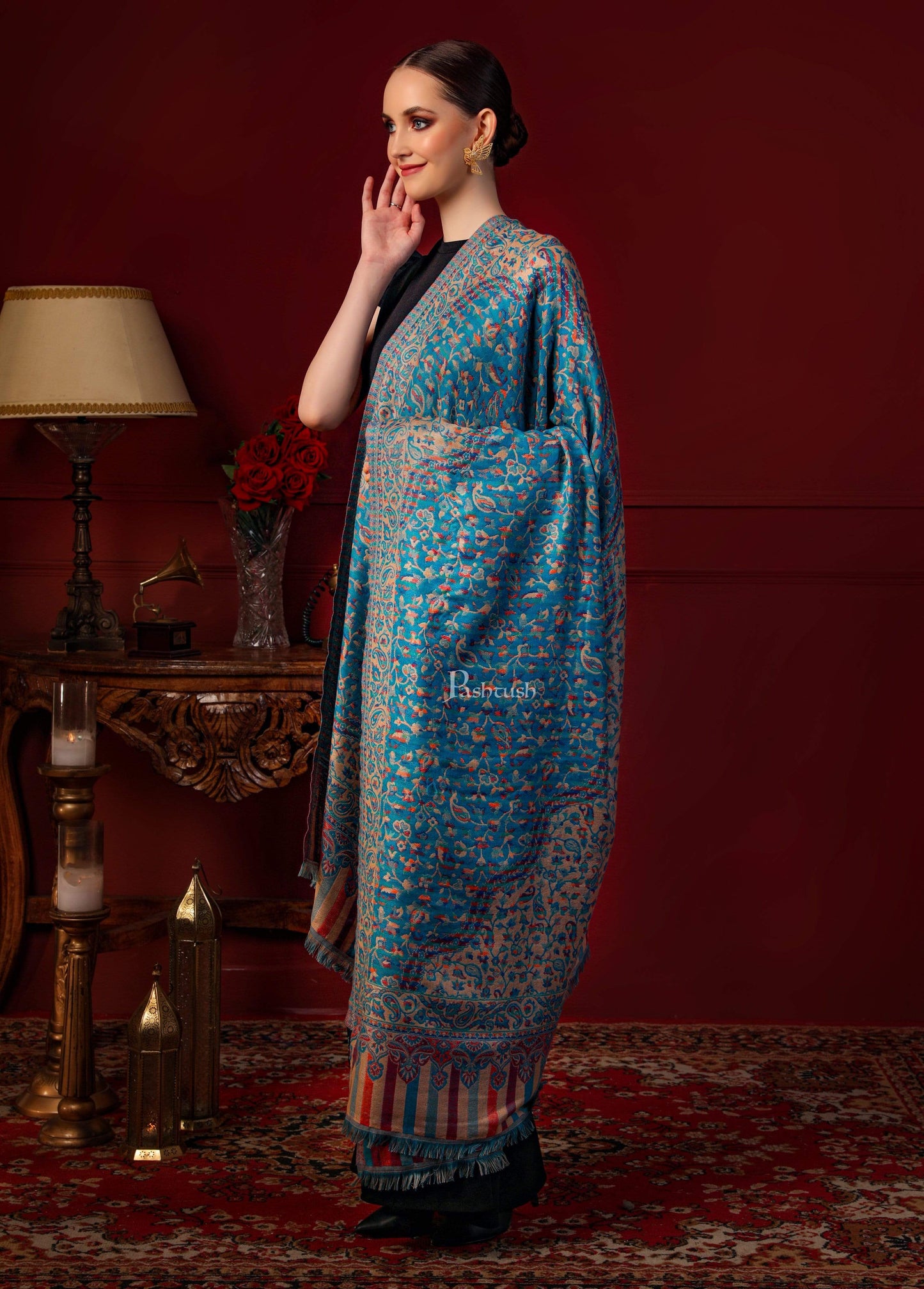 Pashtush India 100x200 Pashtush Women Faux Pashmina, Woven Design Jamawar Shawl, Blue Beige