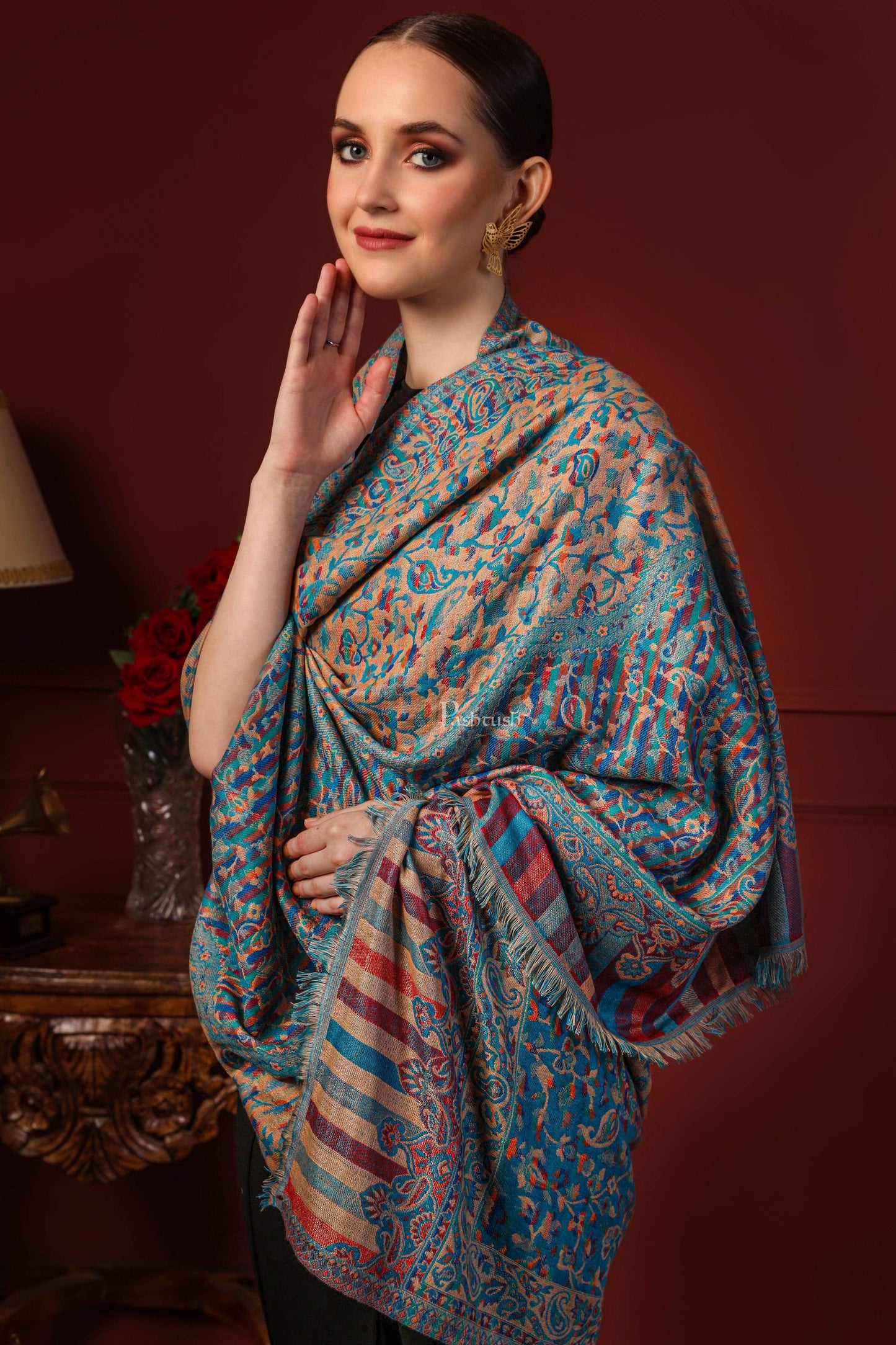 Pashtush India 100x200 Pashtush Women Faux Pashmina, Woven Design Jamawar Shawl, Blue Beige
