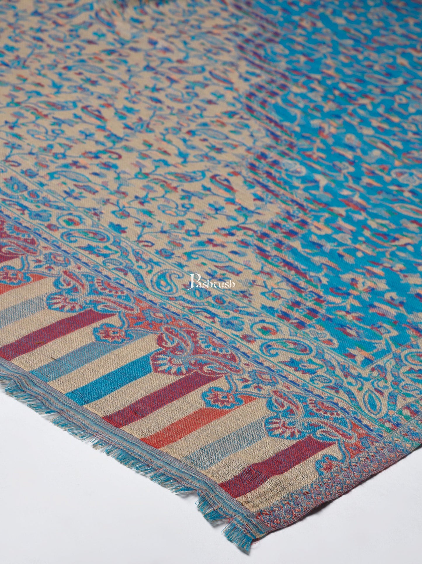 Pashtush India Womens Shawls Pashtush Women Faux Pashmina, Woven Design Jamawar Shawl, Blue Beige