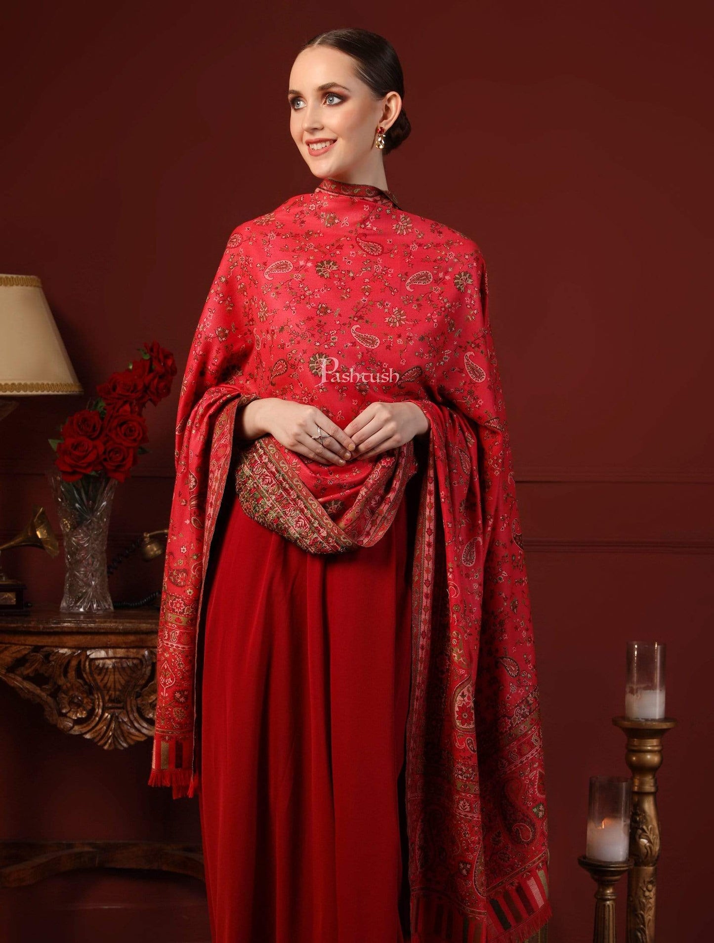 Pashtush India 100x200 Pashtush Women Faux Pashmina Woven Design Kaani Shawl, Red