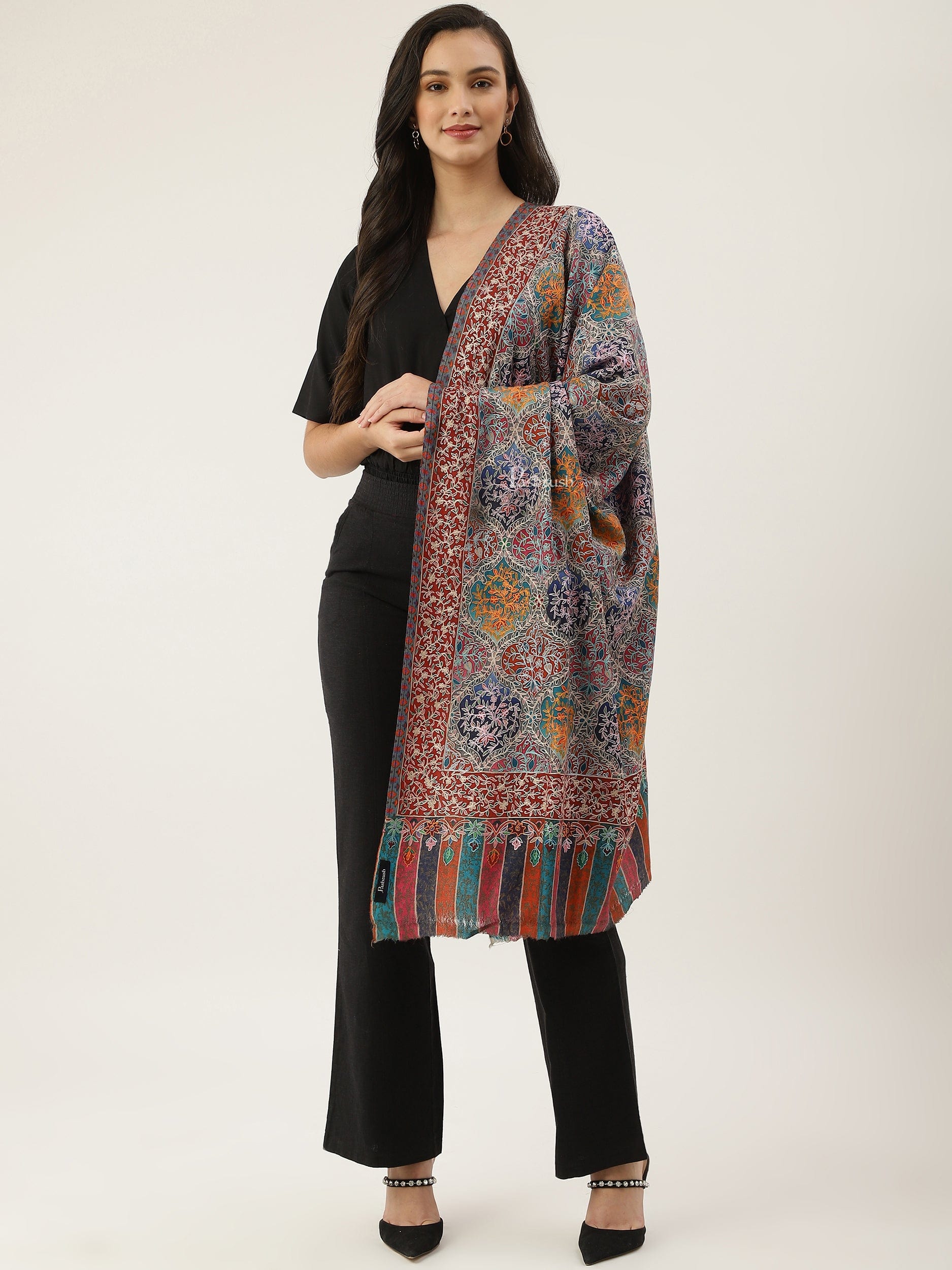 Pashtush India Womens Shawls Pashtush women Fine Wool shawl, Hand Embroidered Kalamkari design, Multicolour