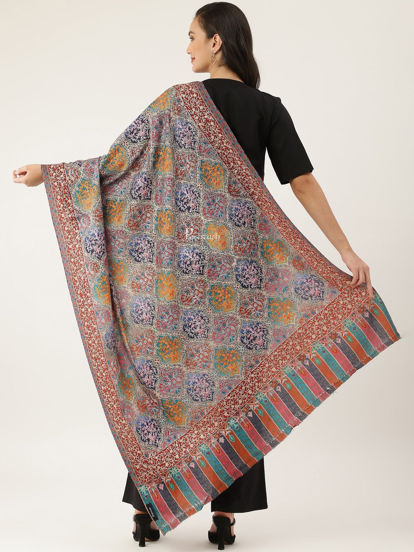 Pashtush India Womens Shawls Pashtush women Fine Wool shawl, Hand Embroidered Kalamkari design, Multicolour