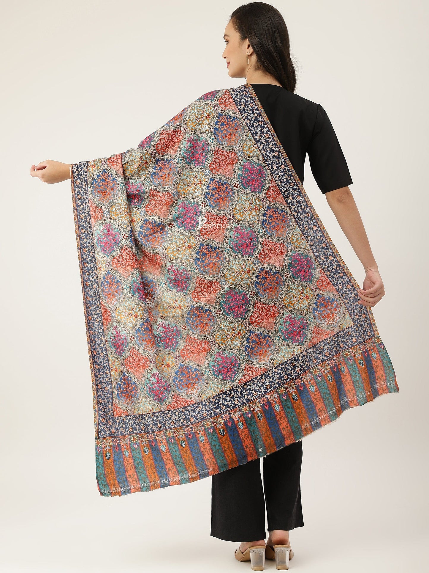 Pashtush India Womens Shawls Pashtush women Fine Wool shawl, Hand Embroidered Kalamkari design, Multicolour