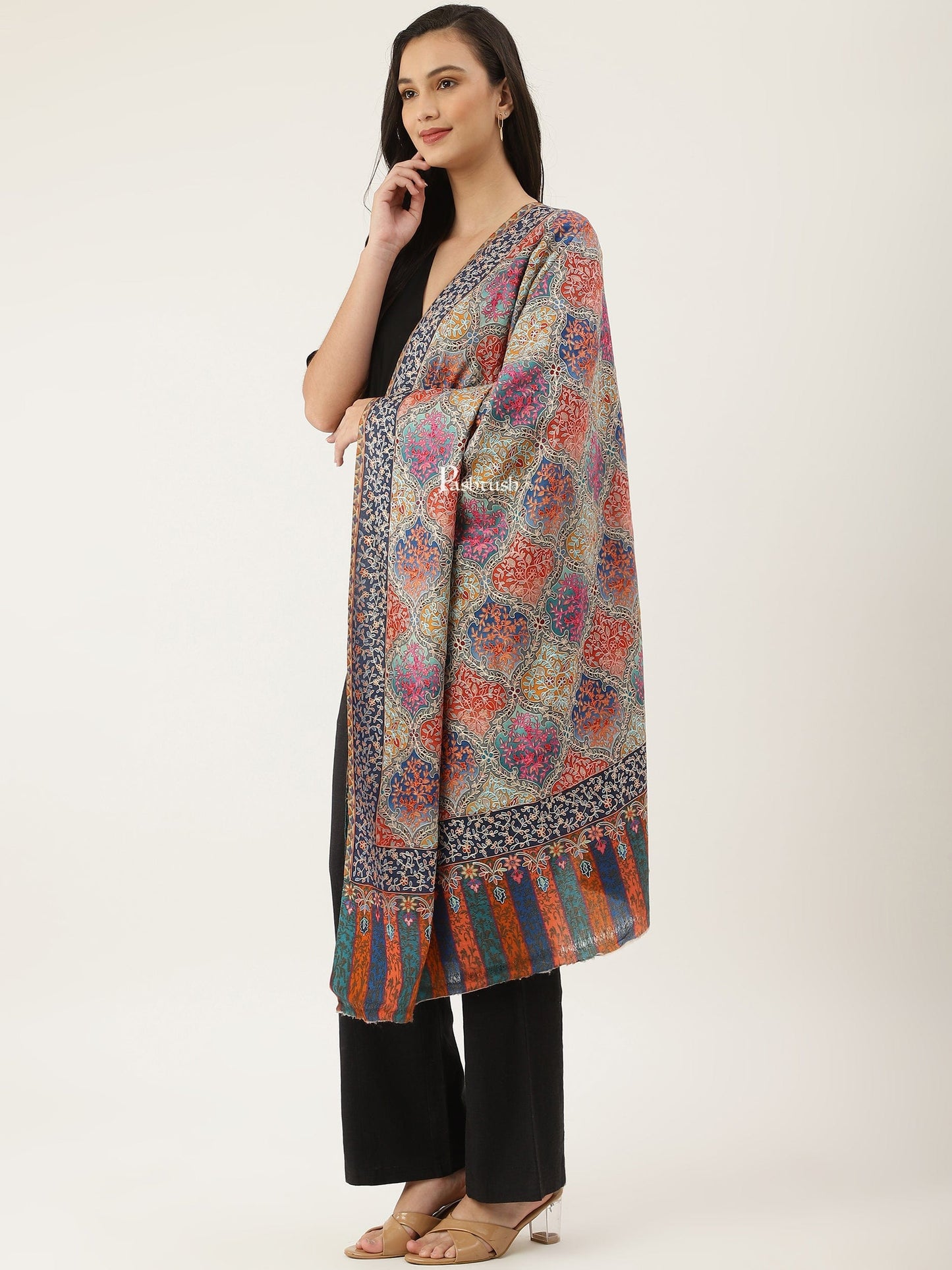 Pashtush India Womens Shawls Pashtush women Fine Wool shawl, Hand Embroidered Kalamkari design, Multicolour