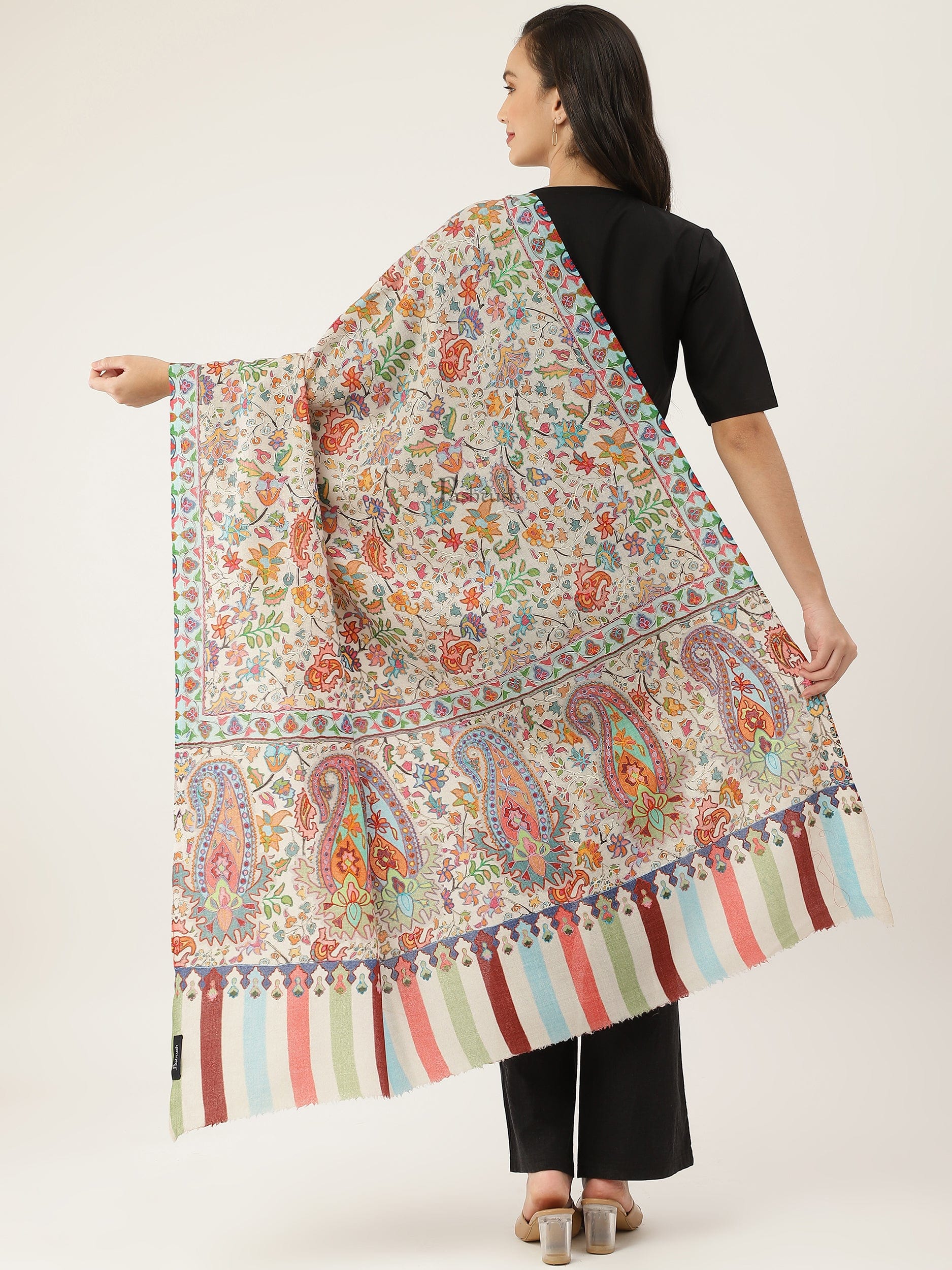 Pashtush India Womens Shawls Pashtush women Fine Wool shawl, Hand Embroidered Kalamkari design, Multicolour
