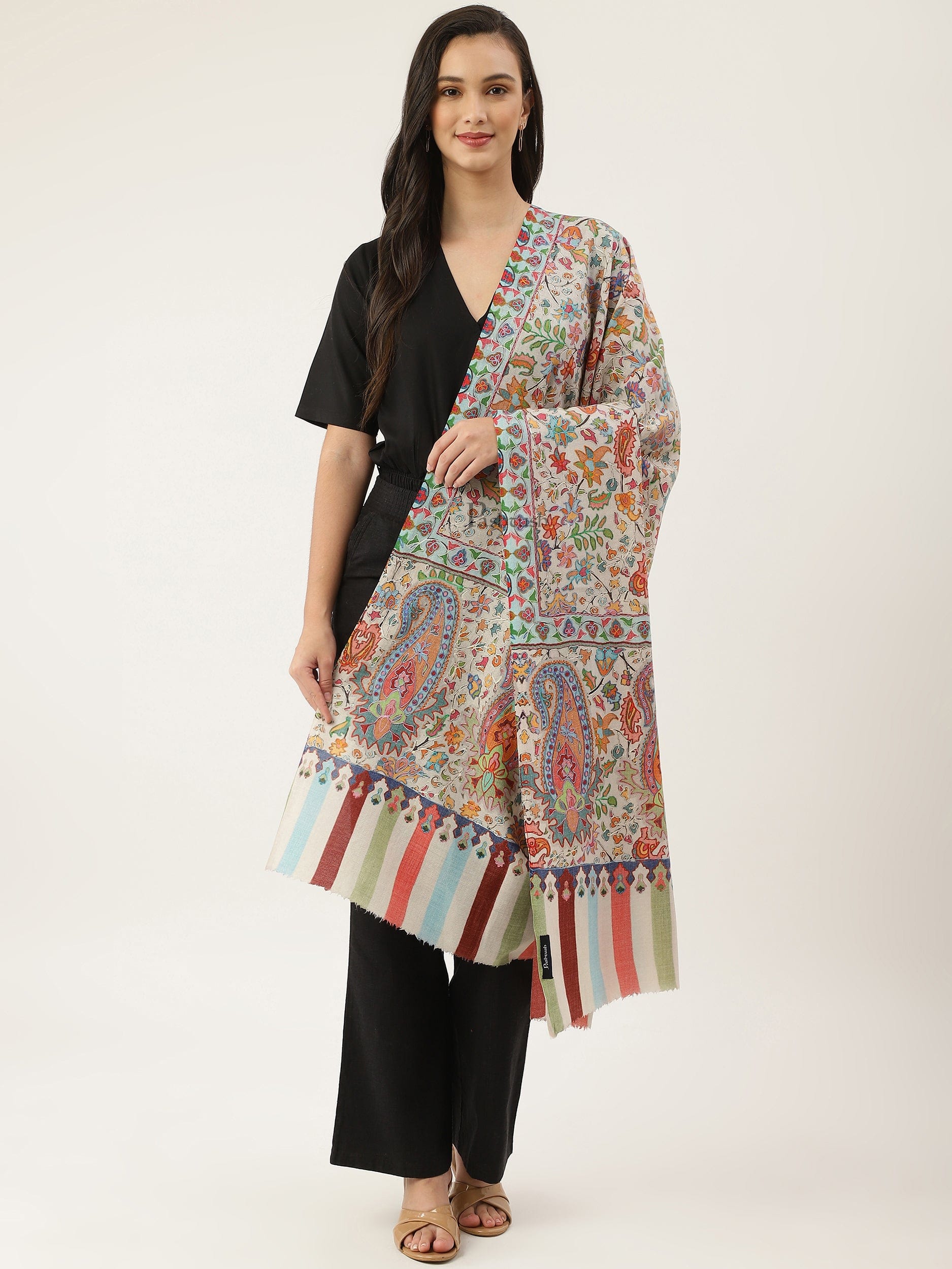 Pashtush India Womens Shawls Pashtush women Fine Wool shawl, Hand Embroidered Kalamkari design, Multicolour