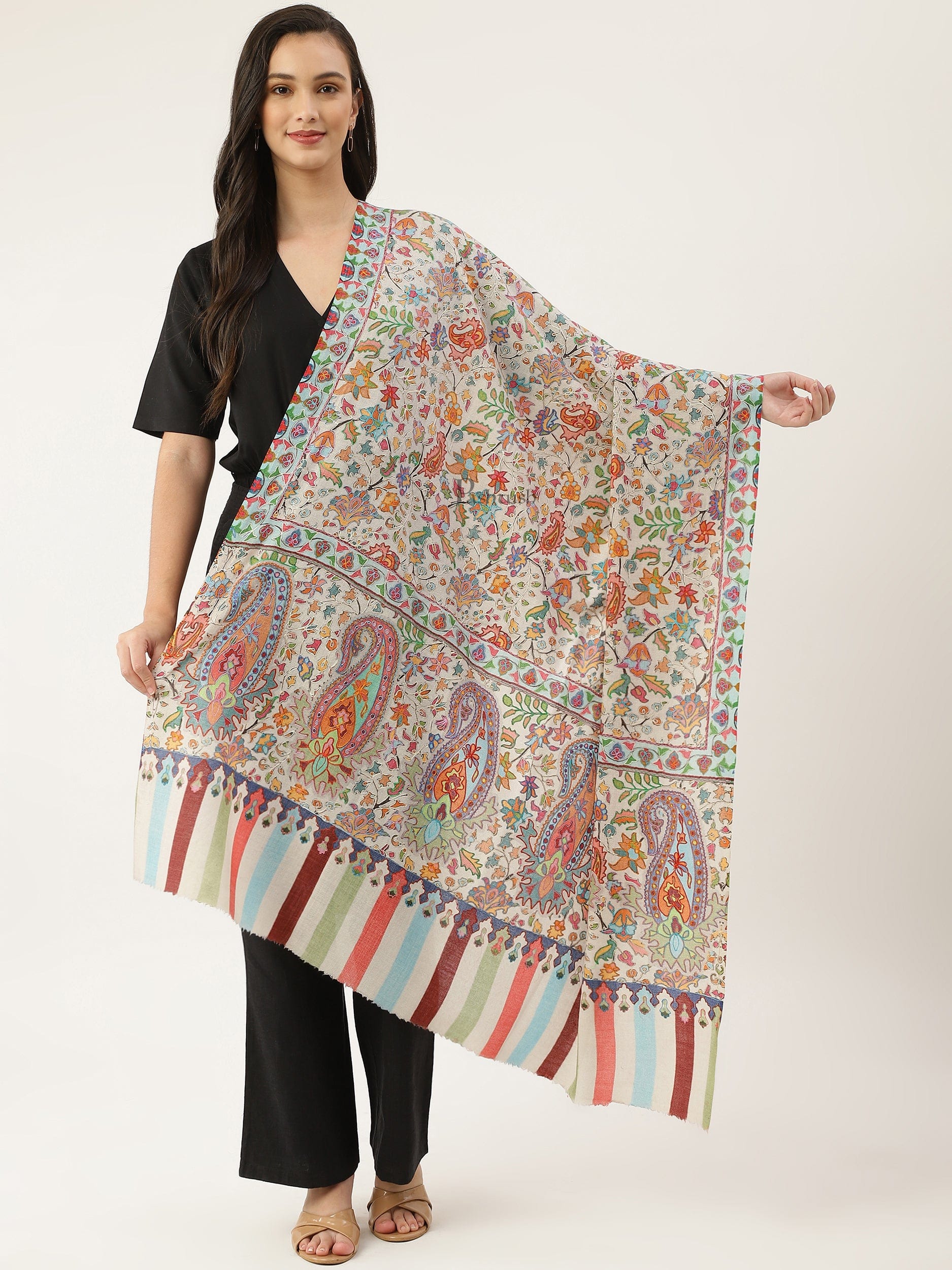 Pashtush India Womens Shawls Pashtush women Fine Wool shawl, Hand Embroidered Kalamkari design, Multicolour