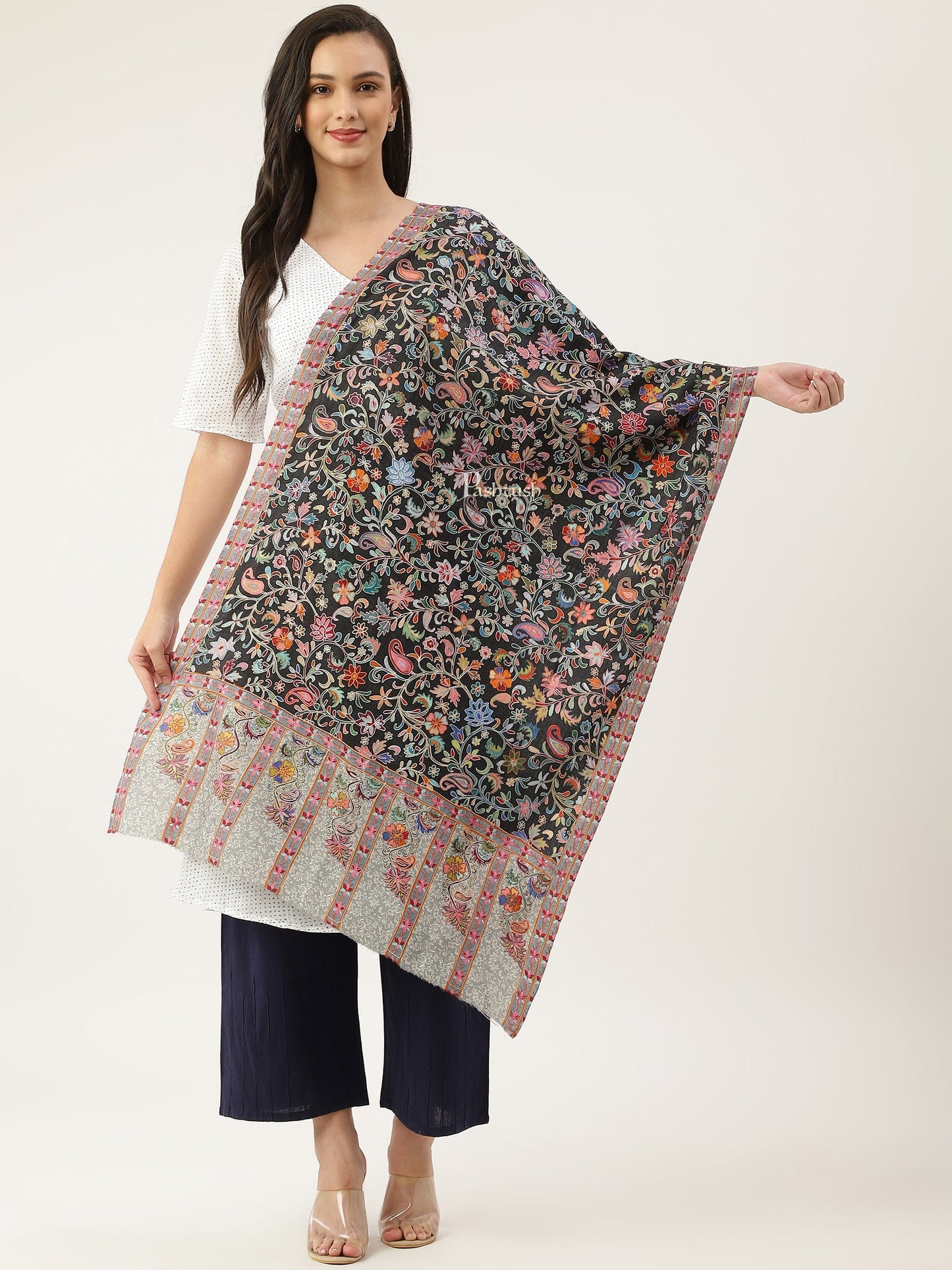 Pashtush India Womens Stoles and Scarves Scarf Pashtush women Fine Wool stole, Kalamkari design, Multicolour