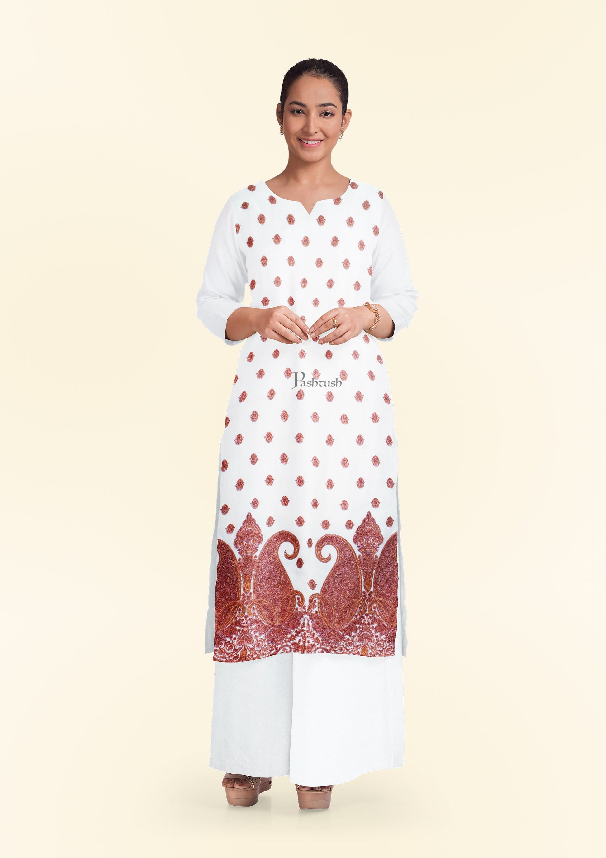Pashtush India Apparel & Accessories Pashtush women Fine Wool suit with shawl, Kashmiri Embroidery design, Ivory