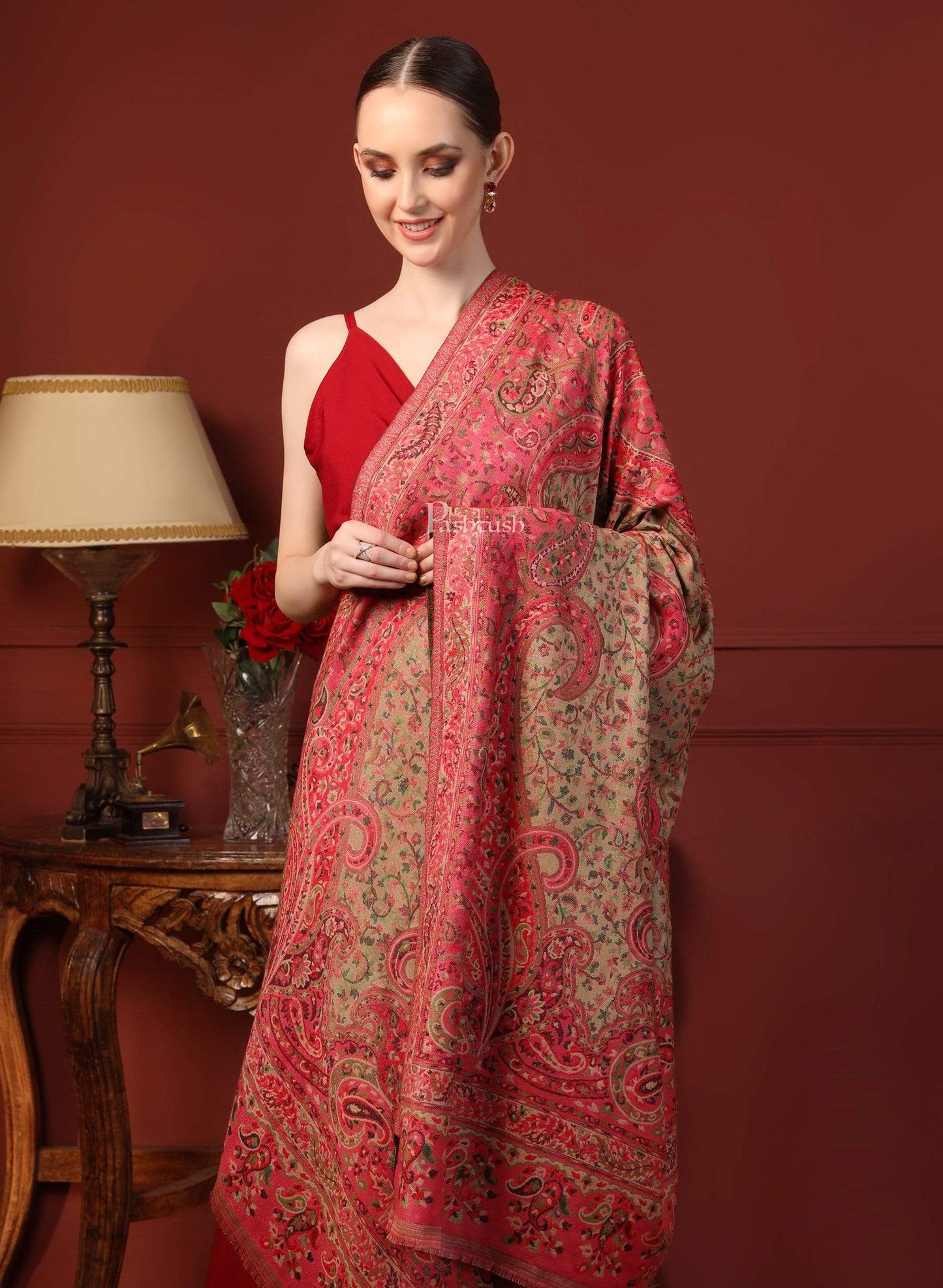 Pashtush India 100x200 Pashtush Women Kaani Weave Shawl, Rich Garden, Pink and Beige