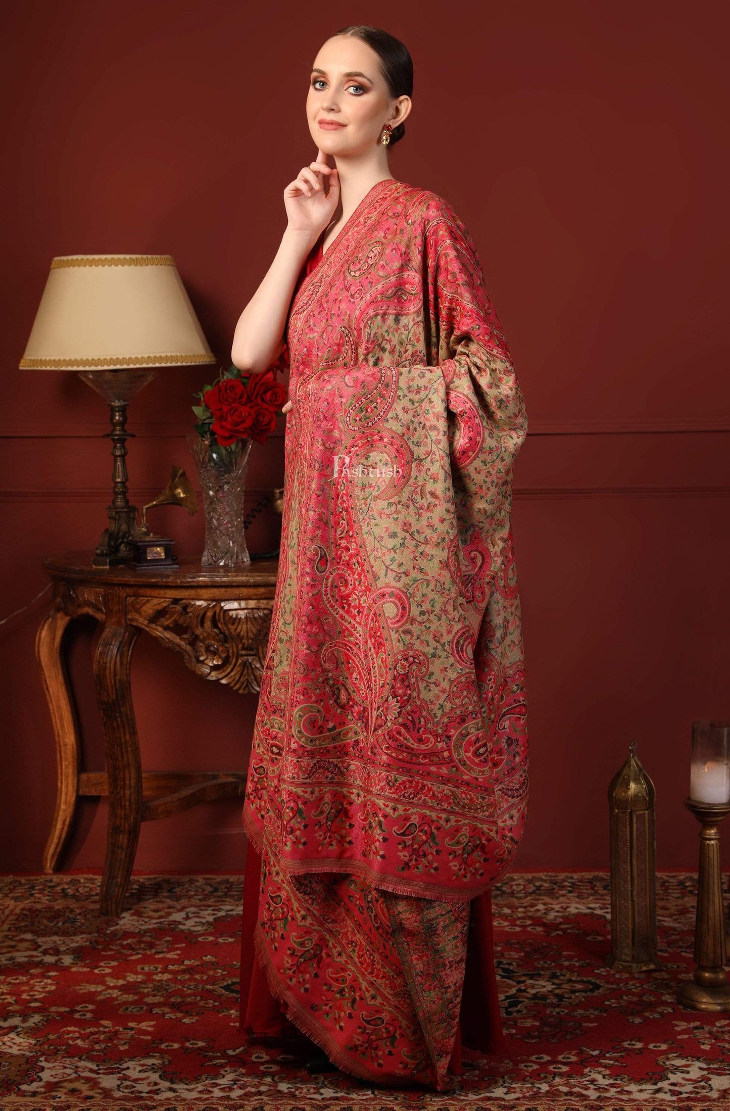Pashtush India 100x200 Pashtush Women Kaani Weave Shawl, Rich Garden, Pink and Beige