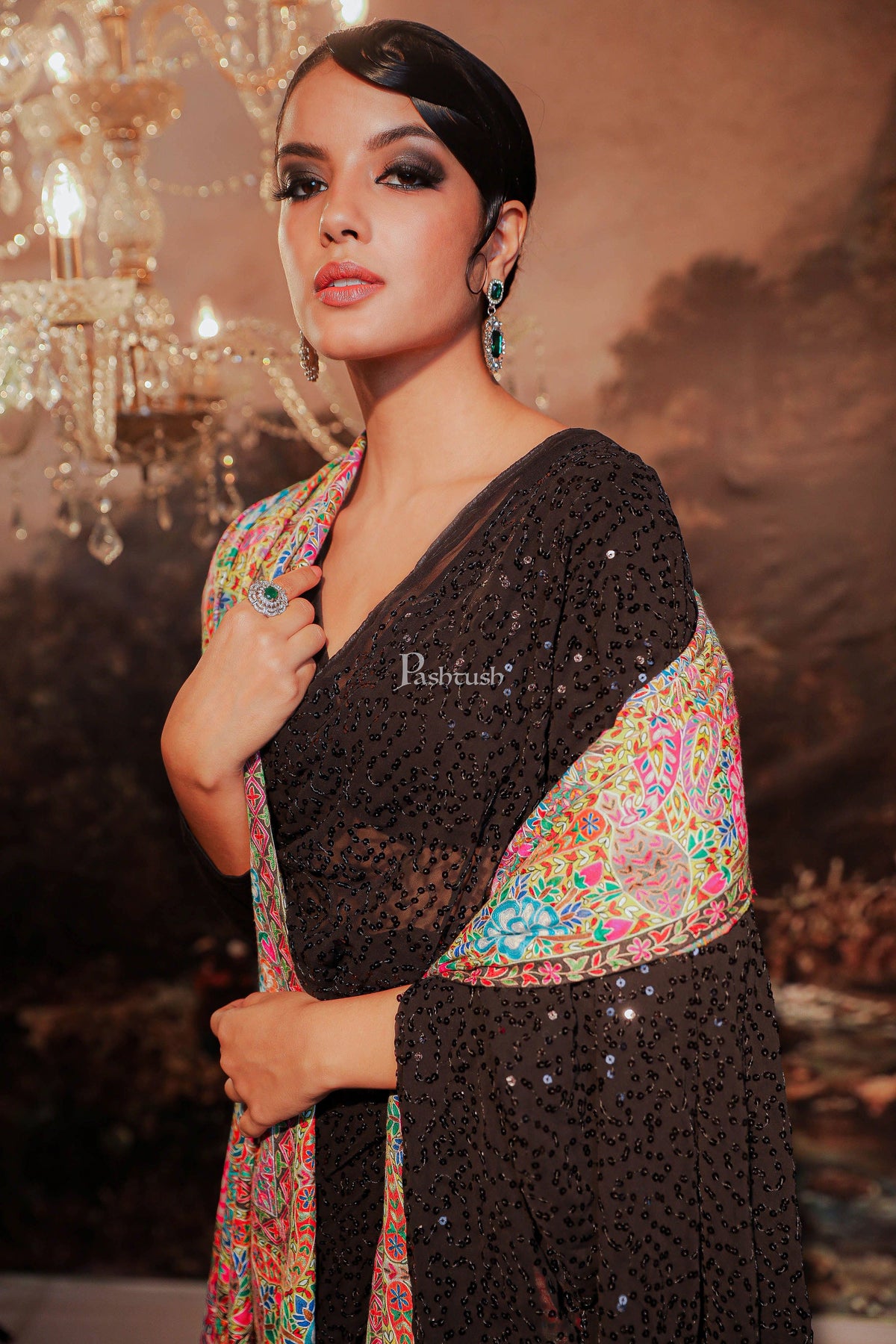 Pashtush India Womens Shawls Pashtush Women Pashmina Handmade Kalamkari Shawl, Multicoloured