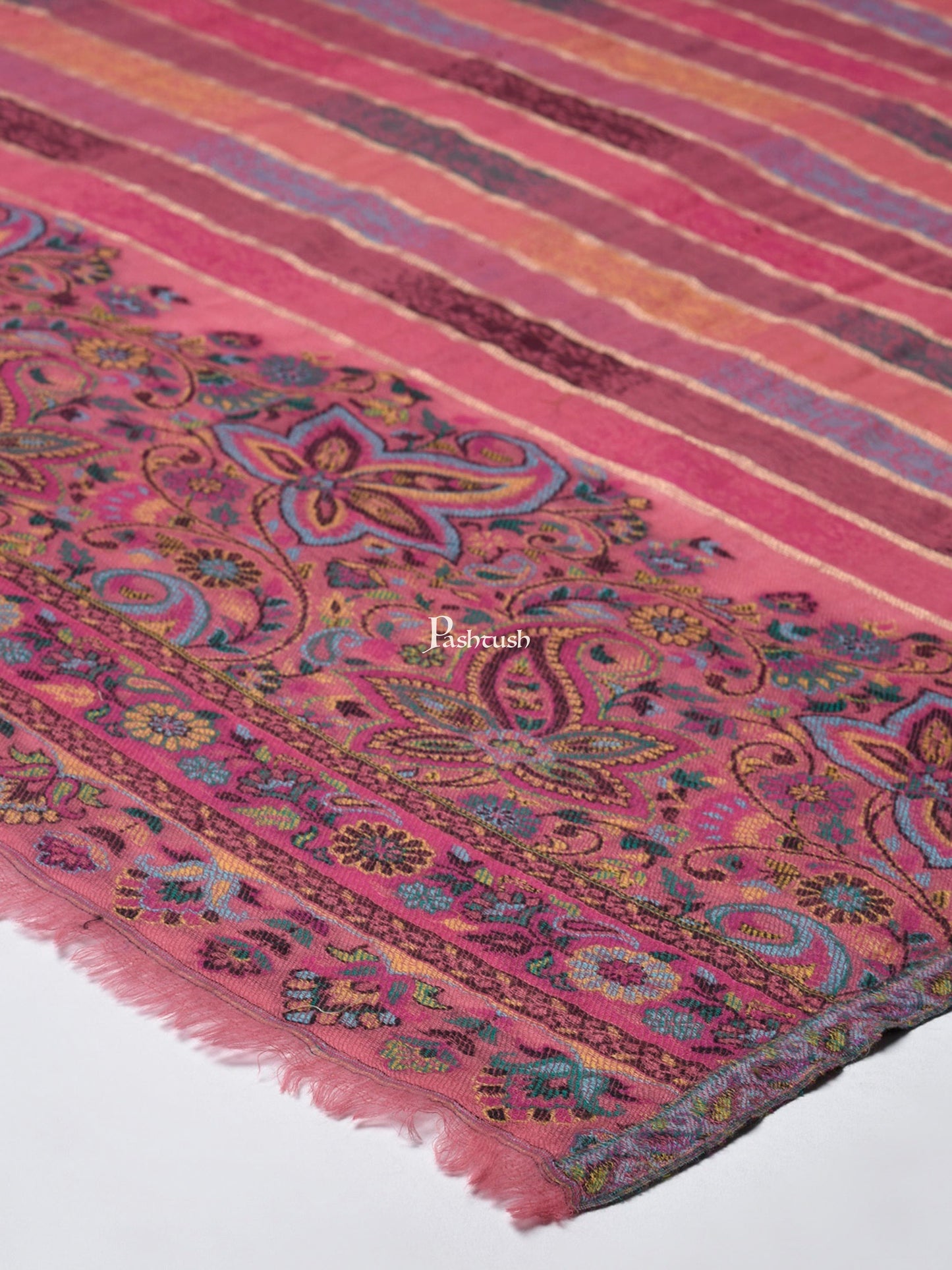 Pashtush India Womens Stoles and Scarves Scarf Pashtush Women Pink Grey Pure Wool Striped Ethnic Stole