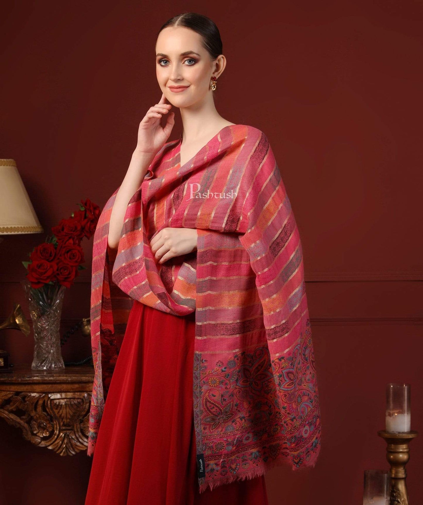 Pashtush India 70x200 Pashtush Women Pink Grey Pure Wool Striped Kaani Stole