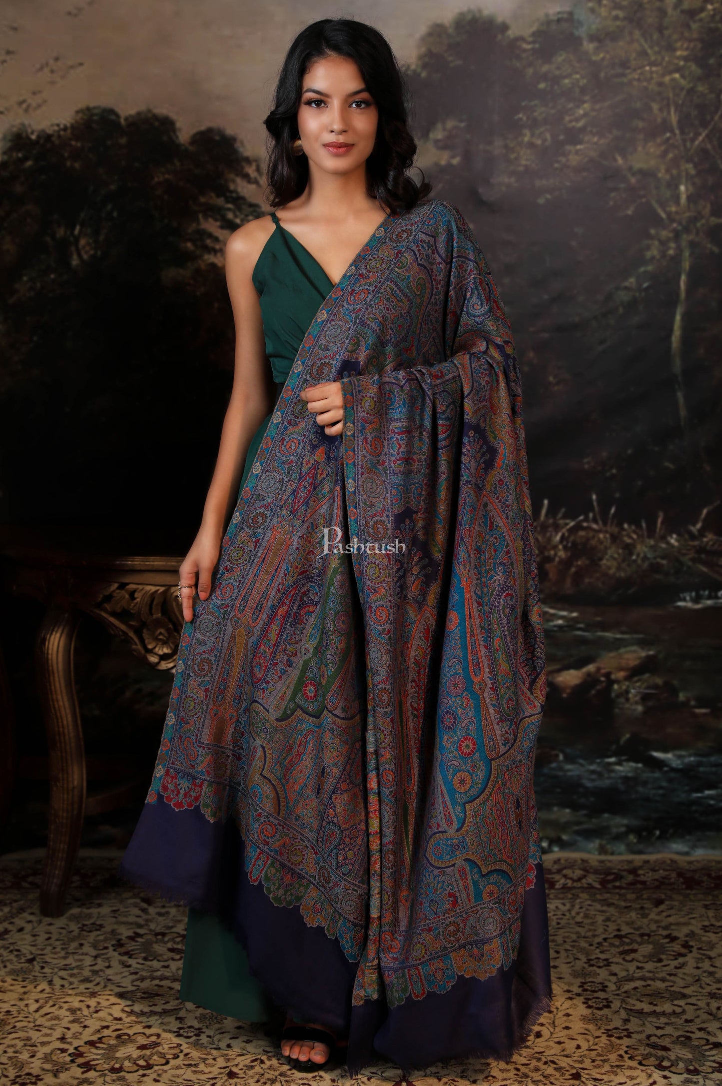 Pashtush India Womens Shawls Pashtush women pure wool, woolmark certificate shawl, design, navy blue