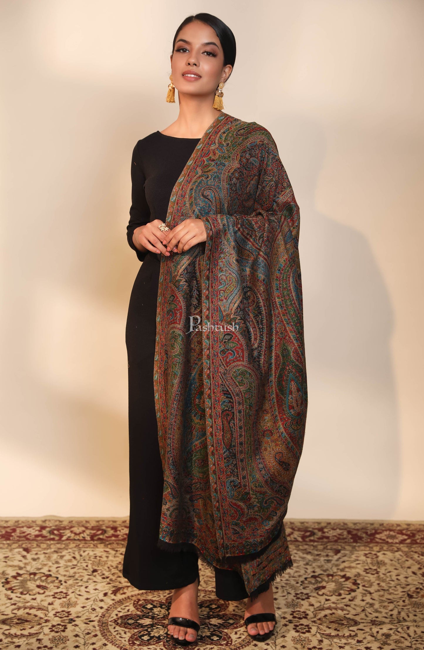 Pashtush India Womens Shawls Pashtush women pure wool, woolmark certified shawl, ethnic weave design, multicolour