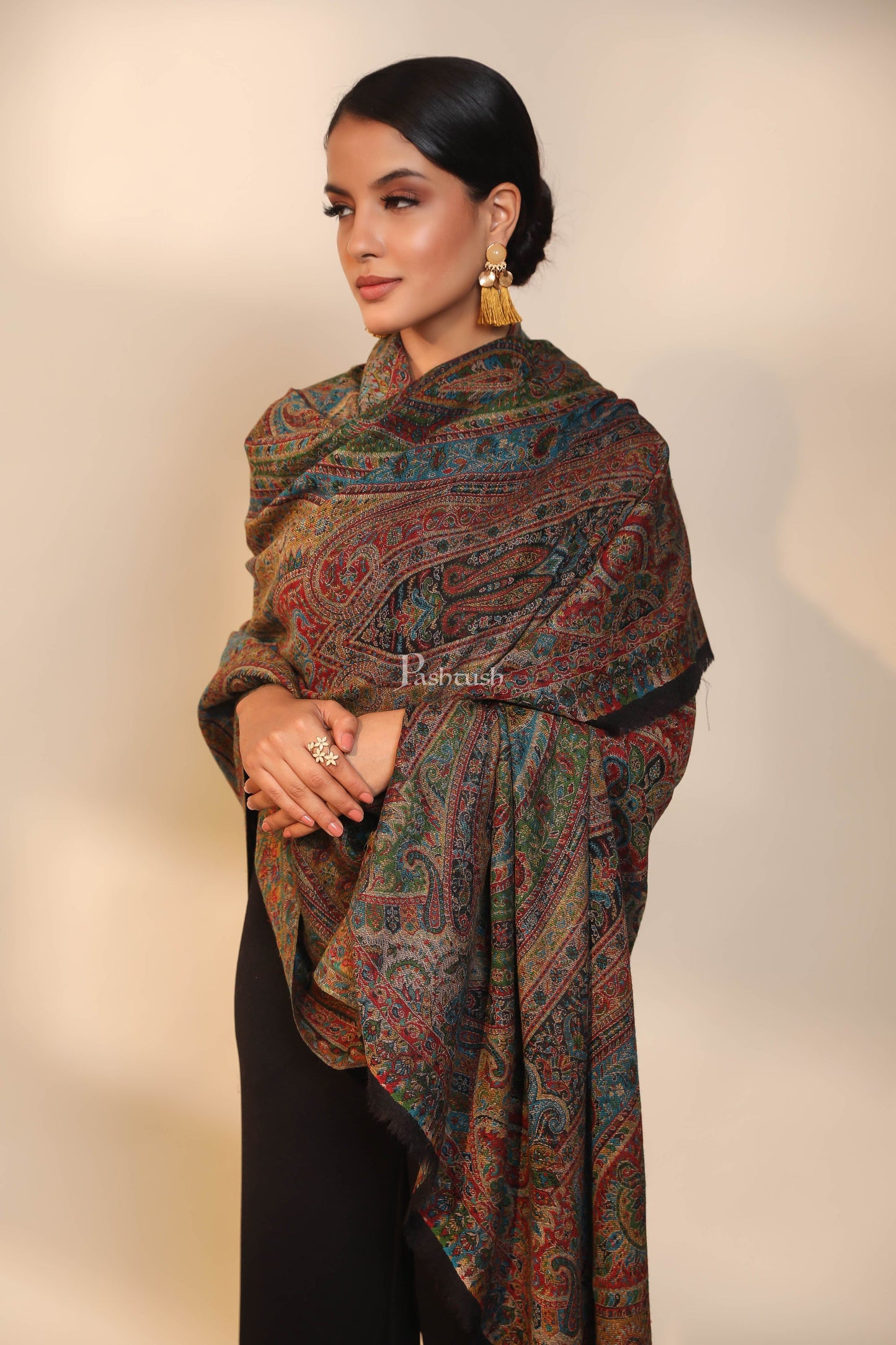 Pashtush India Womens Shawls Pashtush women pure wool, woolmark certified shawl, ethnic weave design, multicolour