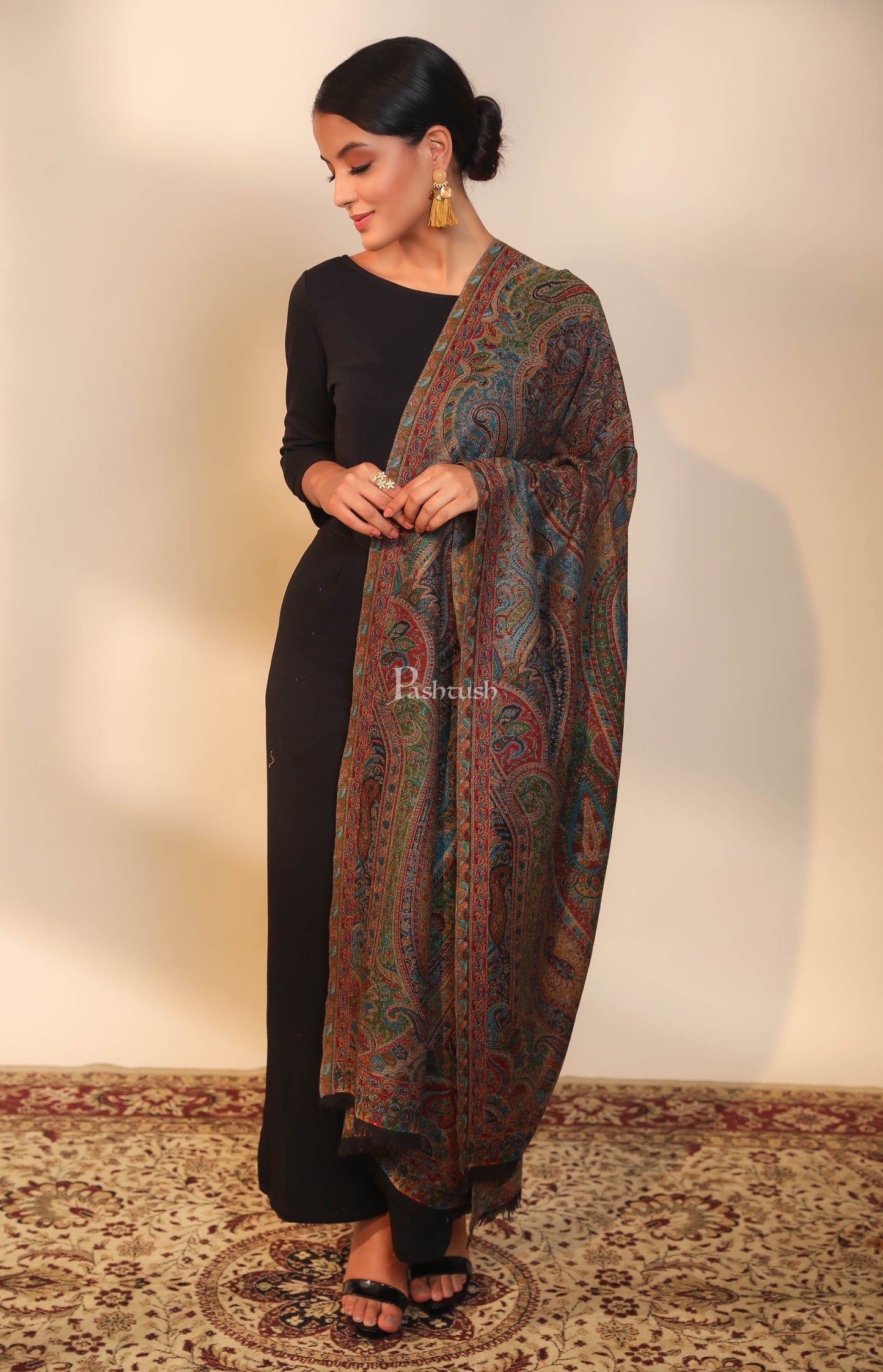Pashtush India Womens Shawls Pashtush women pure wool, woolmark certified shawl, ethnic weave design, multicolour
