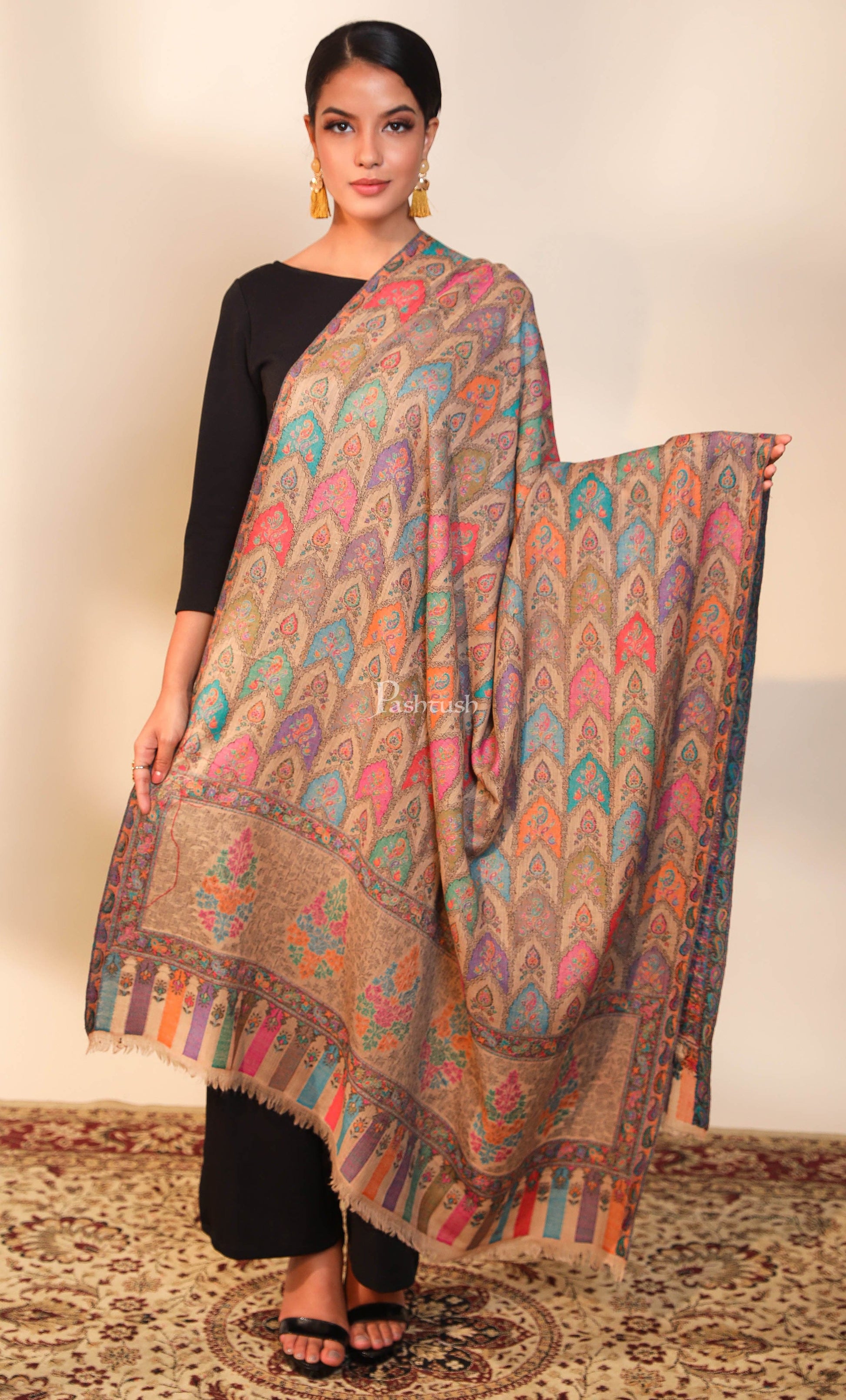Pashtush India Womens Shawls Pashtush women pure wool, woolmark certified shawl, ethnic weave design, multicolour