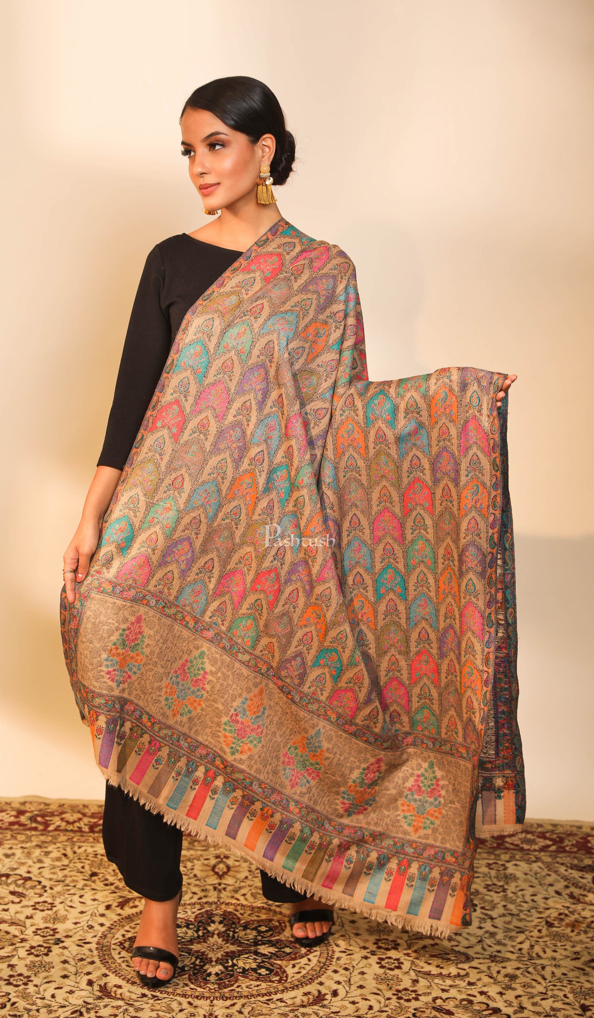 Pashtush India Womens Shawls Pashtush women pure wool, woolmark certified shawl, ethnic weave design, multicolour