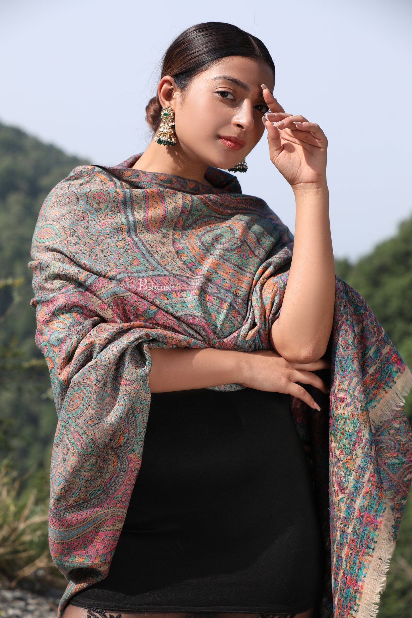 Pashtush India Womens Shawls Pashtush women pure wool, woolmark certified shawl, ethnic weave design, multicolour