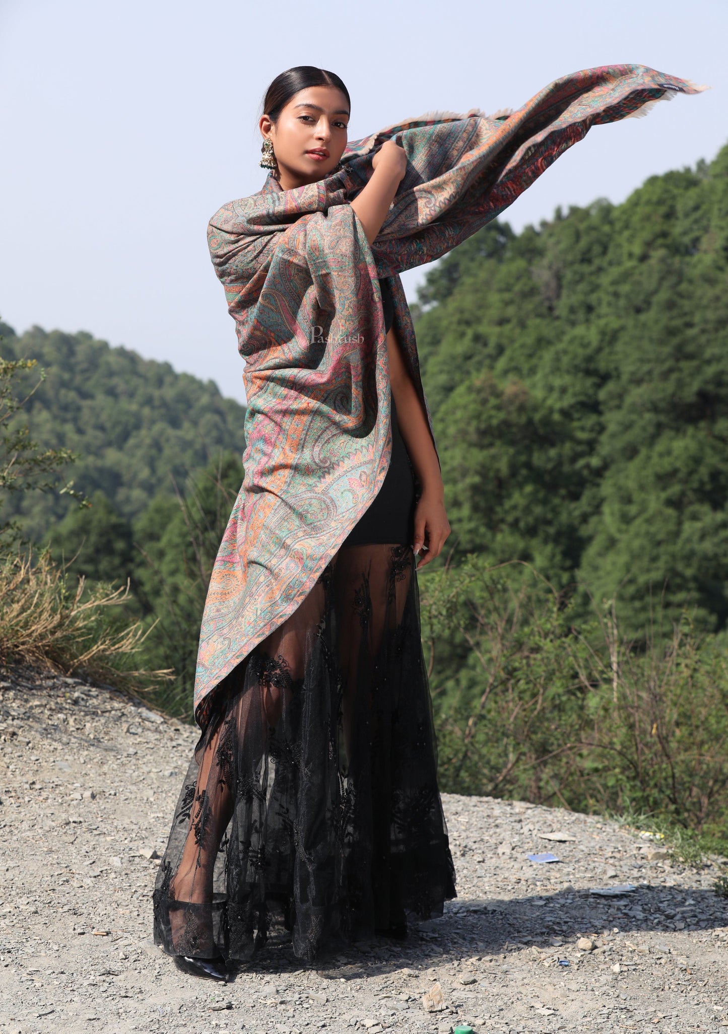 Pashtush India Womens Shawls Pashtush women pure wool, woolmark certified shawl, ethnic weave design, multicolour