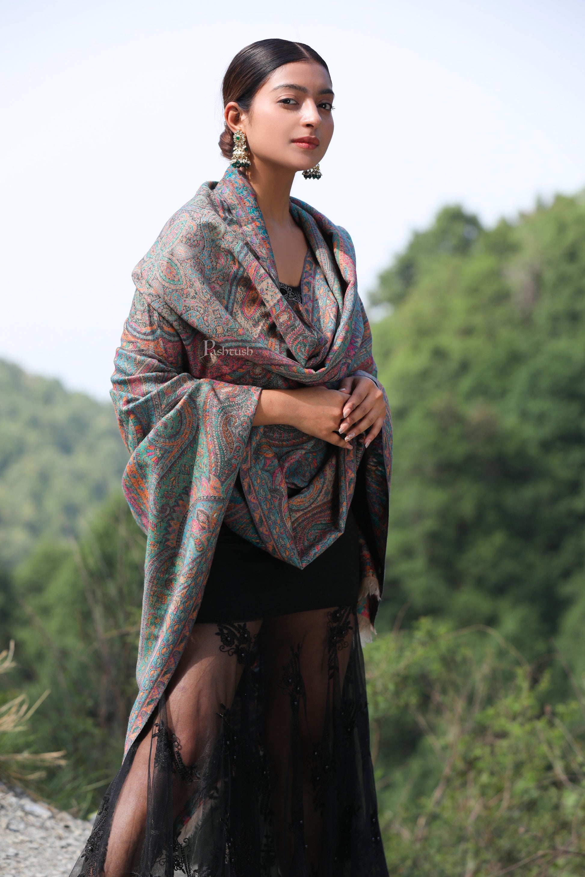 Pashtush India Womens Shawls Pashtush women pure wool, woolmark certified shawl, ethnic weave design, multicolour