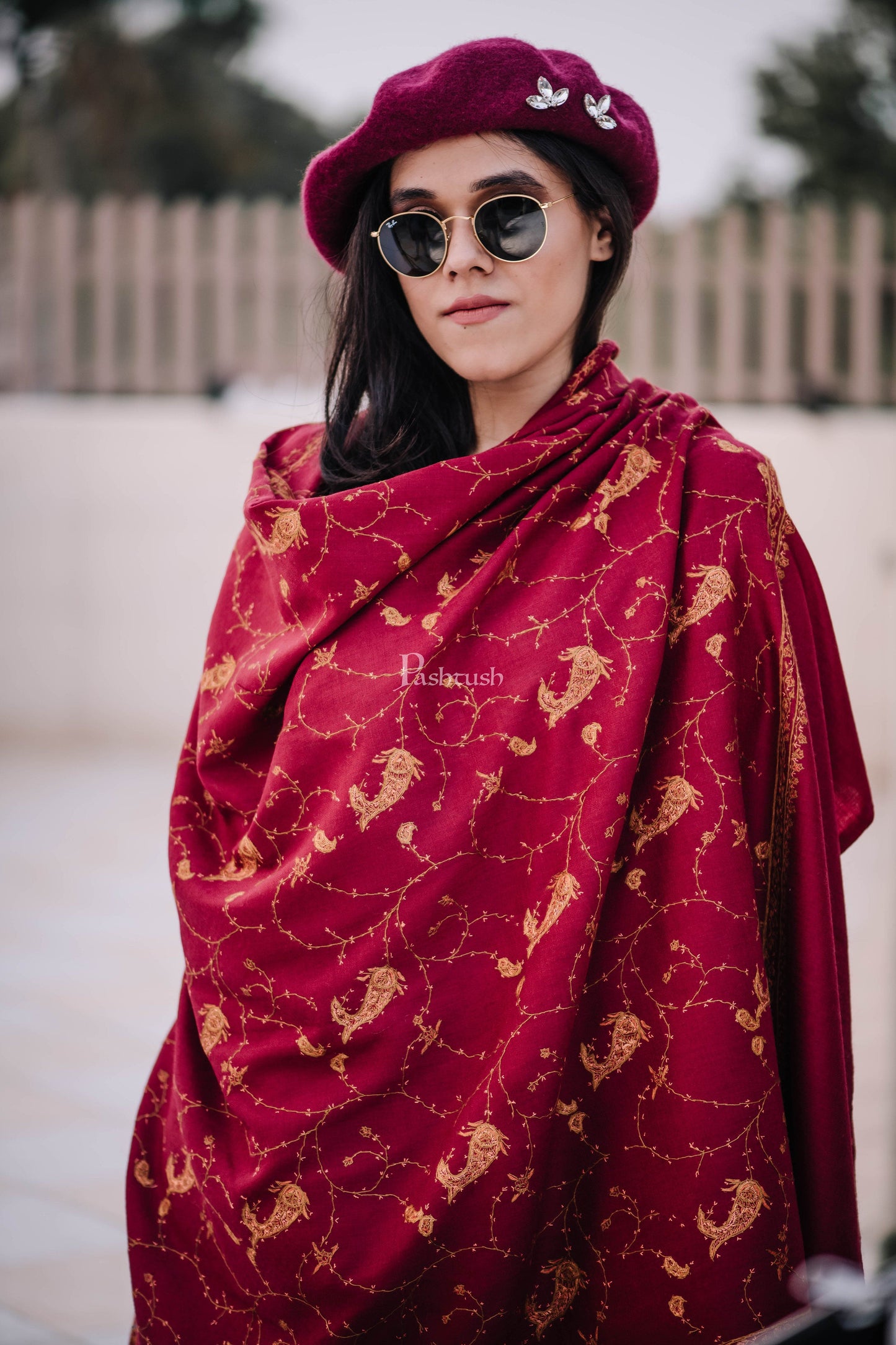 Pashtush India Womens Shawls Pashtush Women’s 100% Hand Embroidered Heavy Jaal Shawl In Pure Wool (Certified)