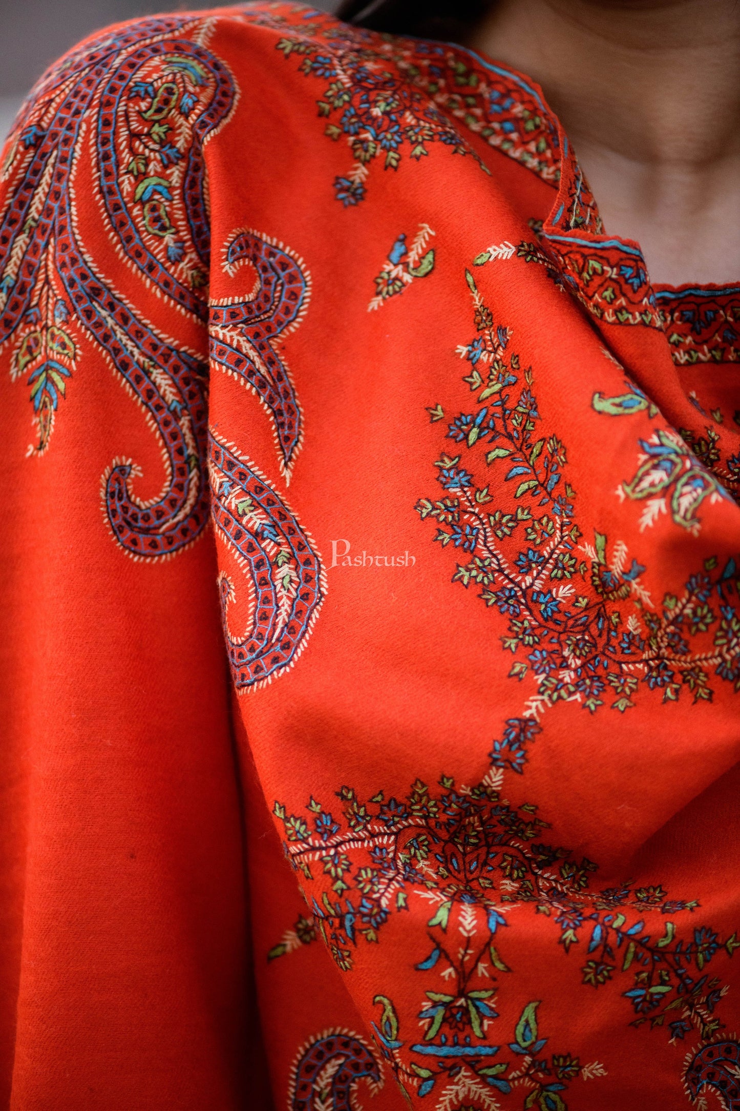 Pashtush India Womens Shawls Pashtush Women’s 100% Hand Embroidery, Pure Wool (Certified). Bright Amber