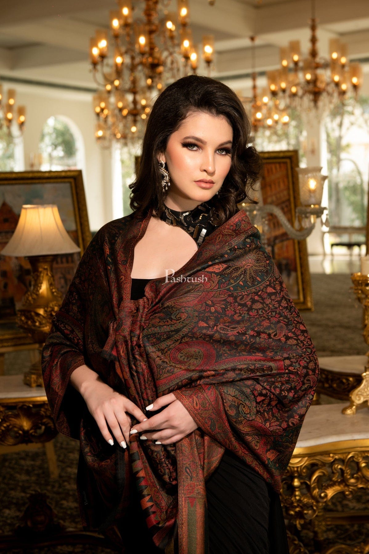 Pashtush India Womens Stoles and Scarves Scarf Pashtush Women's Antique Scarf, Extra Soft Bamboo, Ethnic Weave, Muted Tones