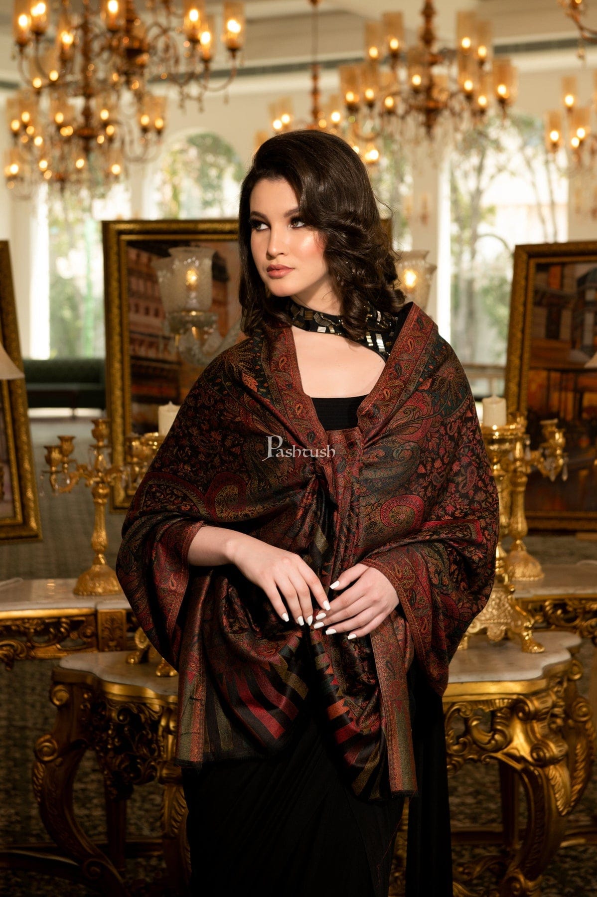 Pashtush India Womens Stoles and Scarves Scarf Pashtush Women's Antique Scarf, Extra Soft Bamboo, Ethnic Weave, Muted Tones