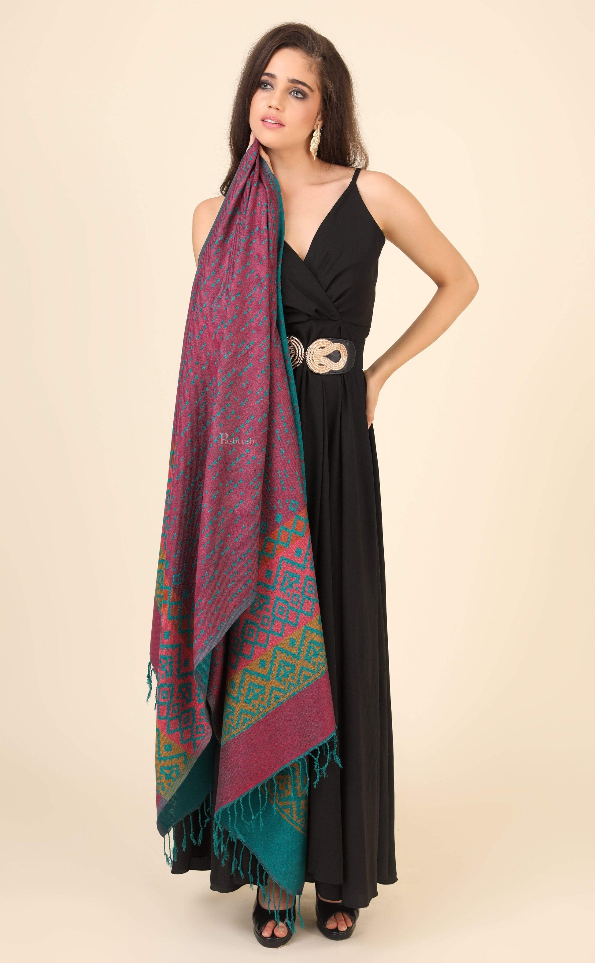 Pashtush India 70x200 Pashtush Women's Aztec Design, Soft Bamboo Scarf, Reversible