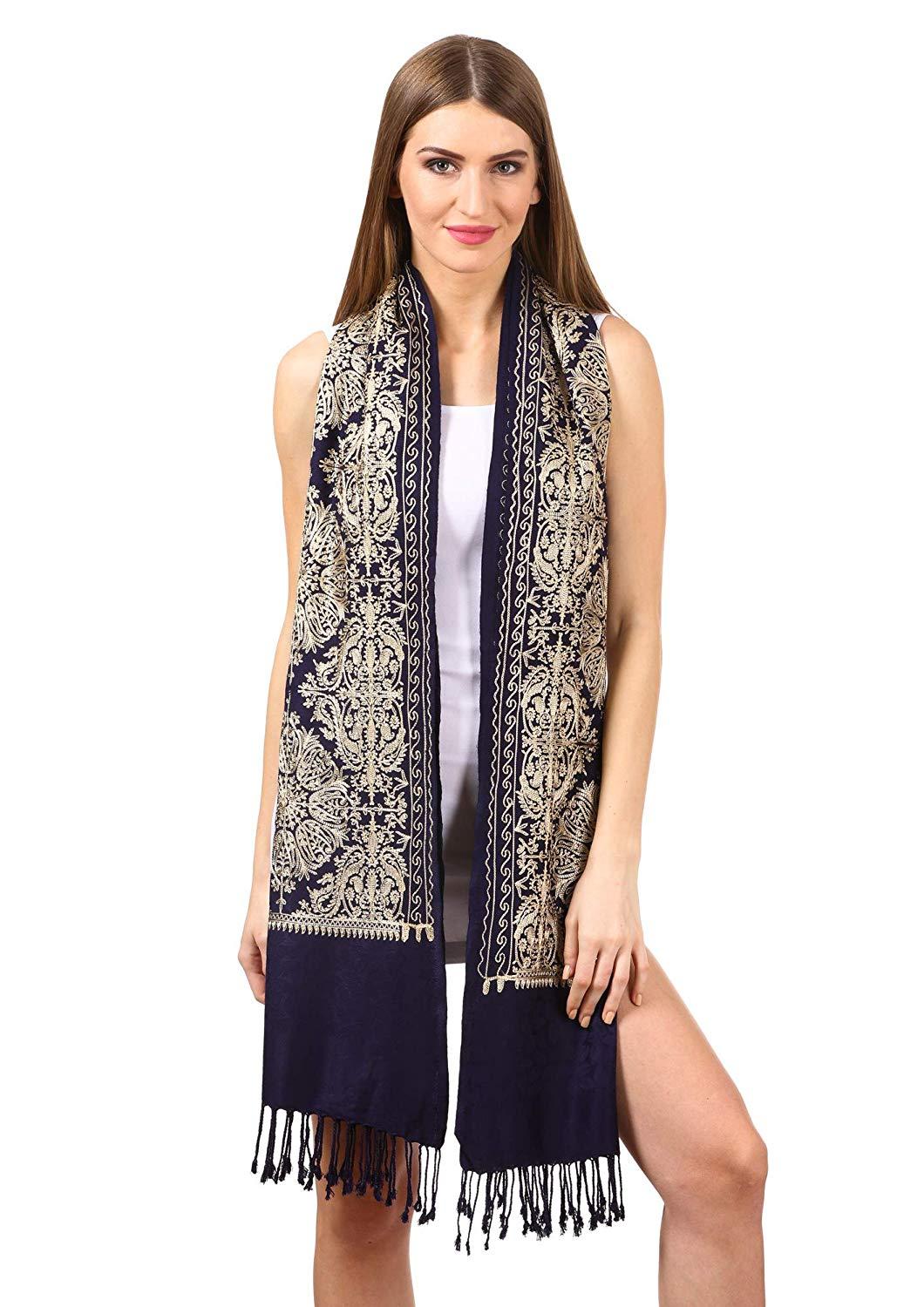 Pashtush India 70x200 Pashtush Women's bamboo Embroidered, Stole, Navy Blue