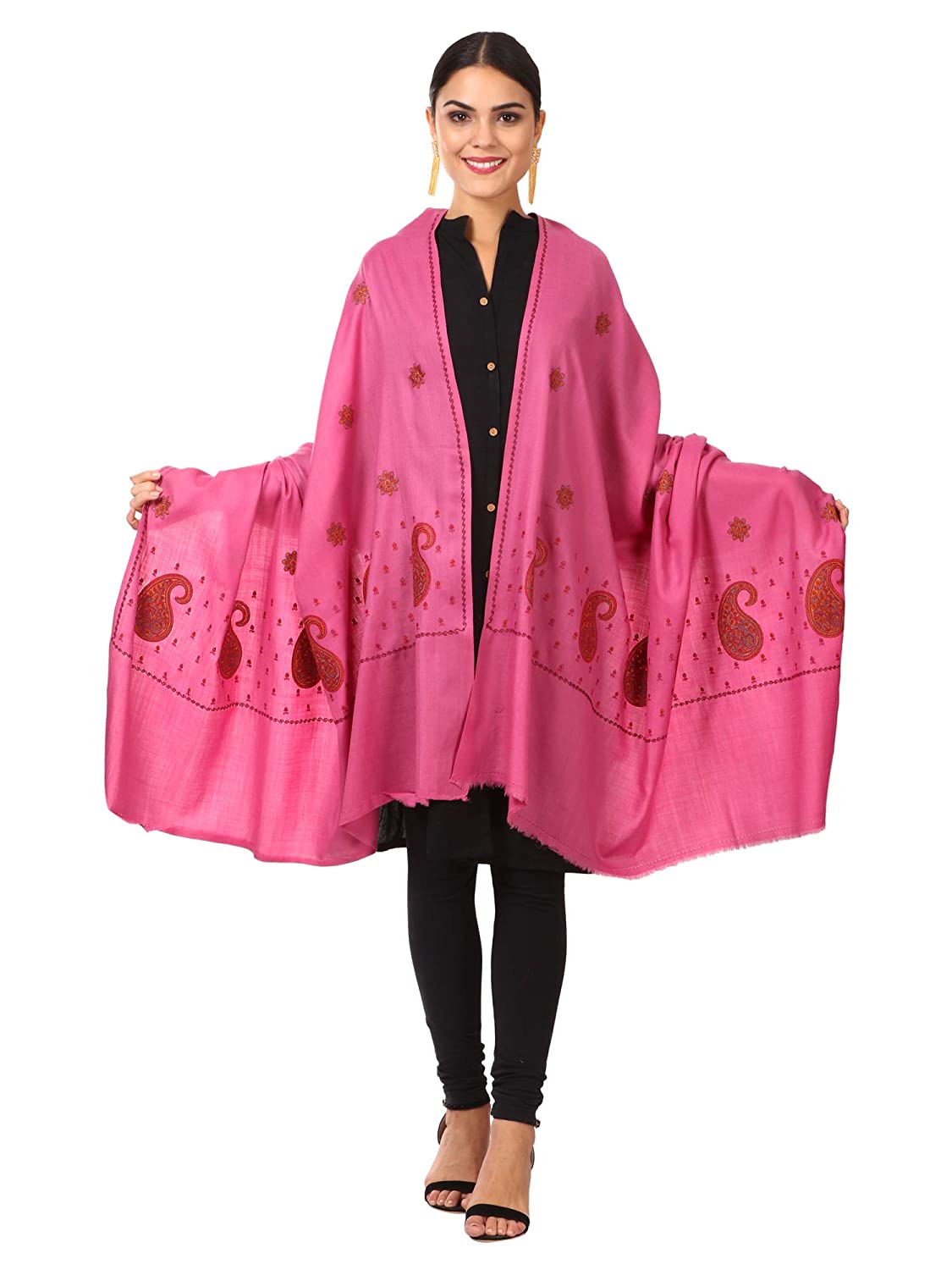 Pashtush India 100x200 Pashtush Women's Embroidery Wool with Palla Embroidery Paisley Design Pink