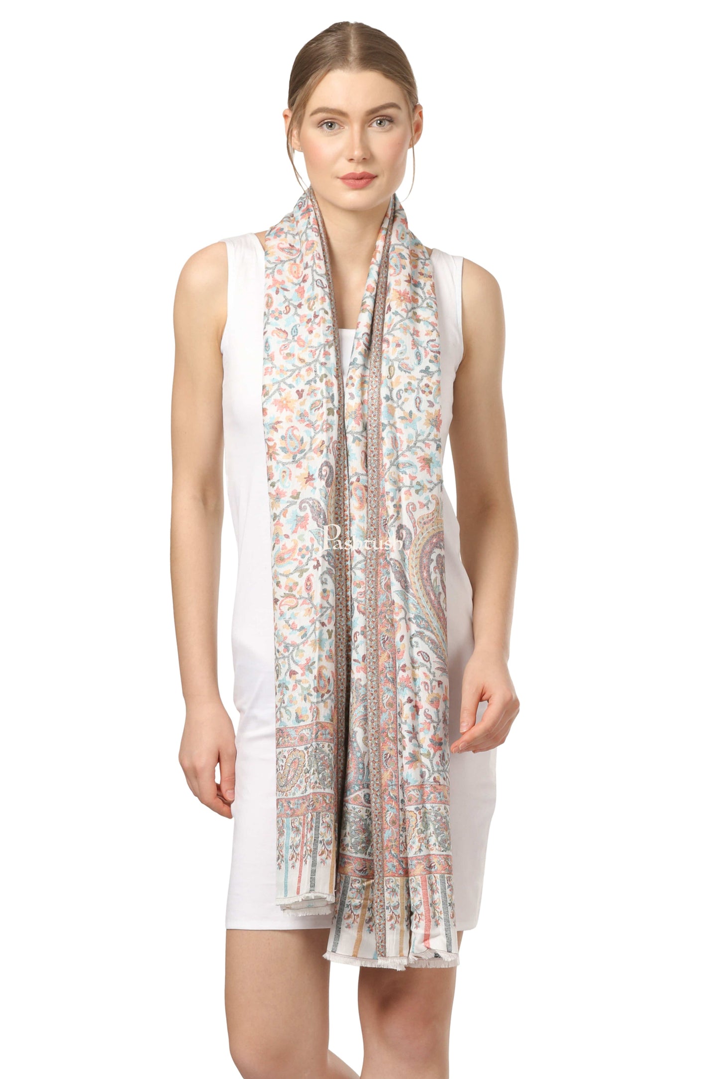 Pashtush India Womens Stoles and Scarves Scarf Pashtush Women'S Ethnic Design, Soft Bamboo Scarf, Stoles, Wraps (Ivory)