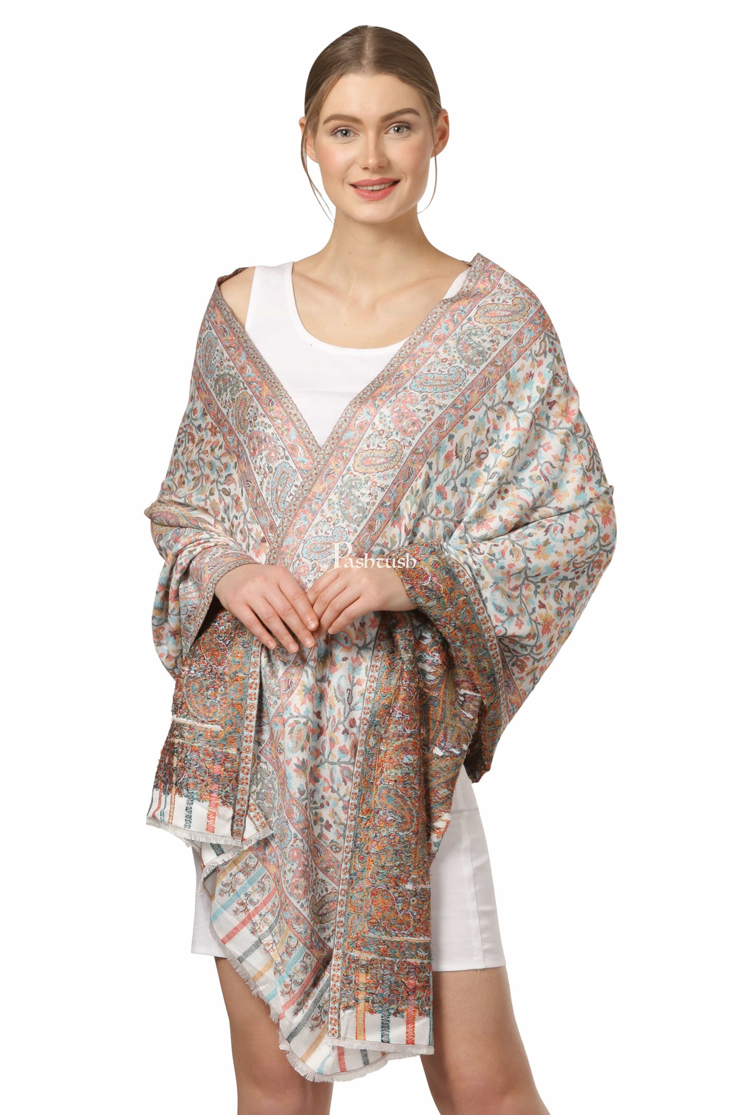 Pashtush India Womens Stoles and Scarves Scarf Pashtush Women'S Ethnic Design, Soft Bamboo Scarf, Stoles, Wraps (Ivory)