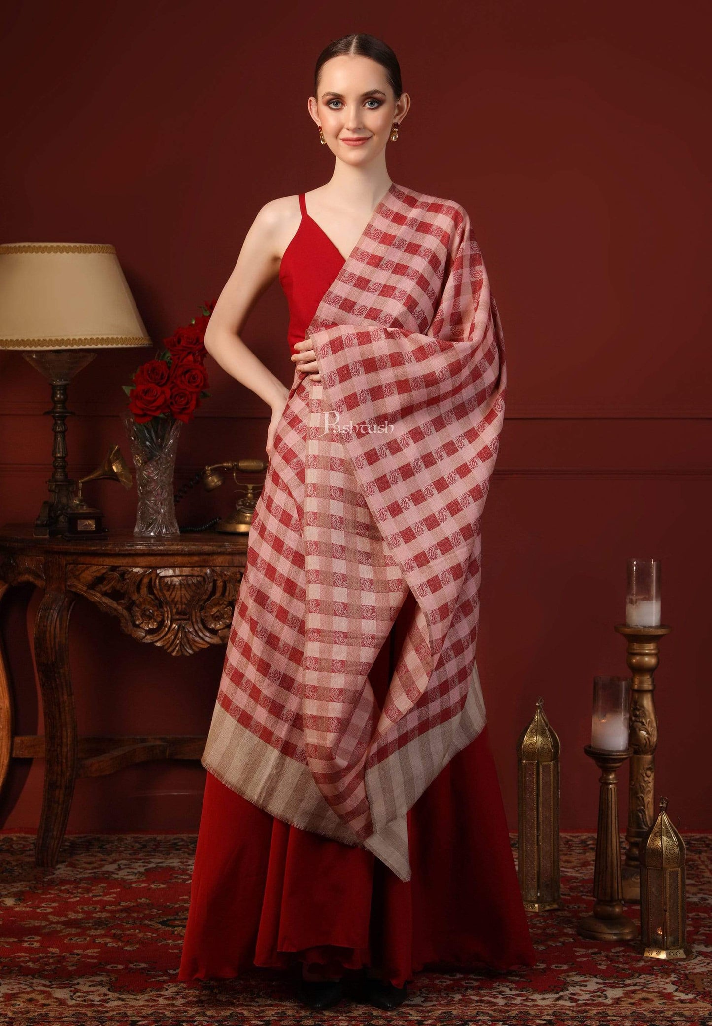 Pashtush India 70x200 Pashtush Women’s Extra Fine Soft Wool Checkered Stole, Beige And Maroon