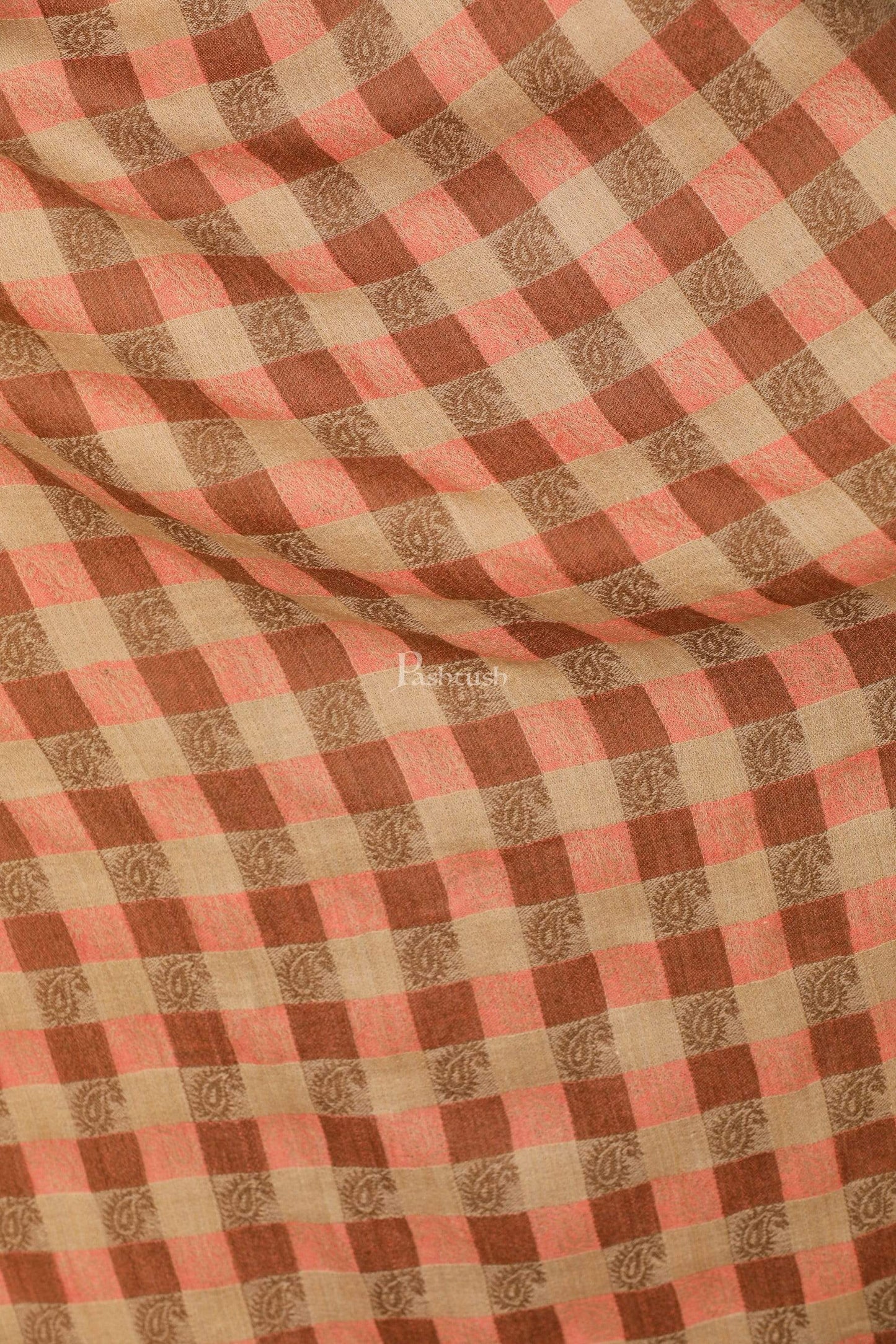Pashtush Store Stole Pashtush Women’s Extra Fine Soft Wool Checkered stole, Beige and Peach