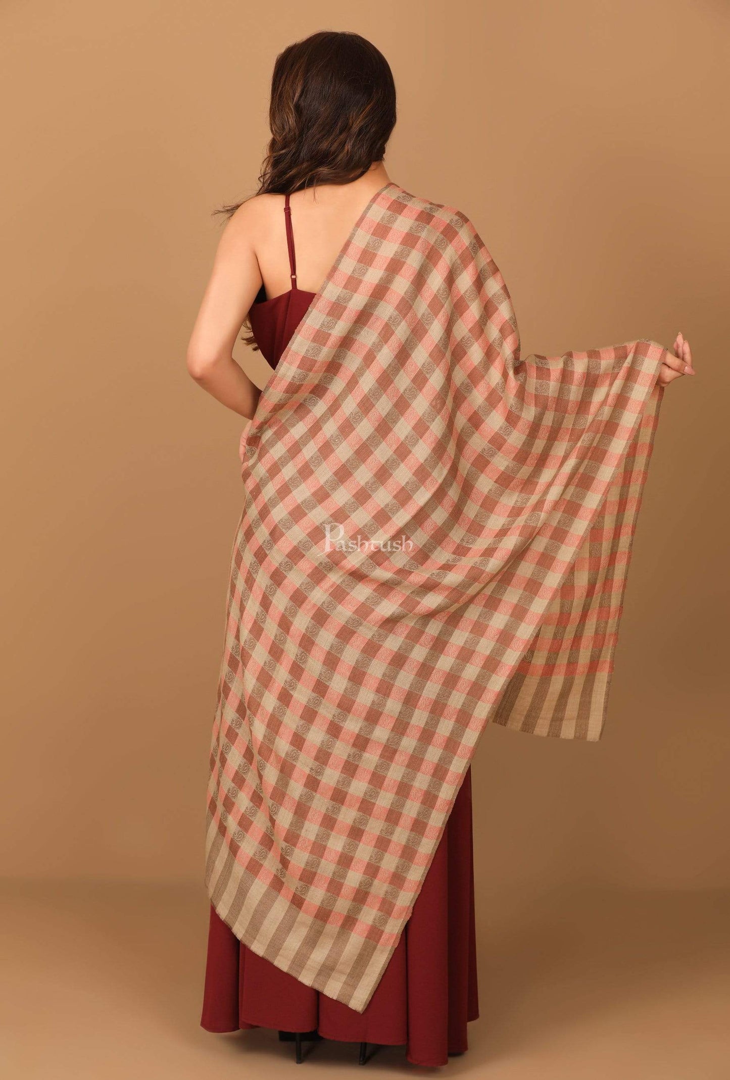 Pashtush Store Stole Pashtush Women’s Extra Fine Soft Wool Checkered stole, Beige and Peach