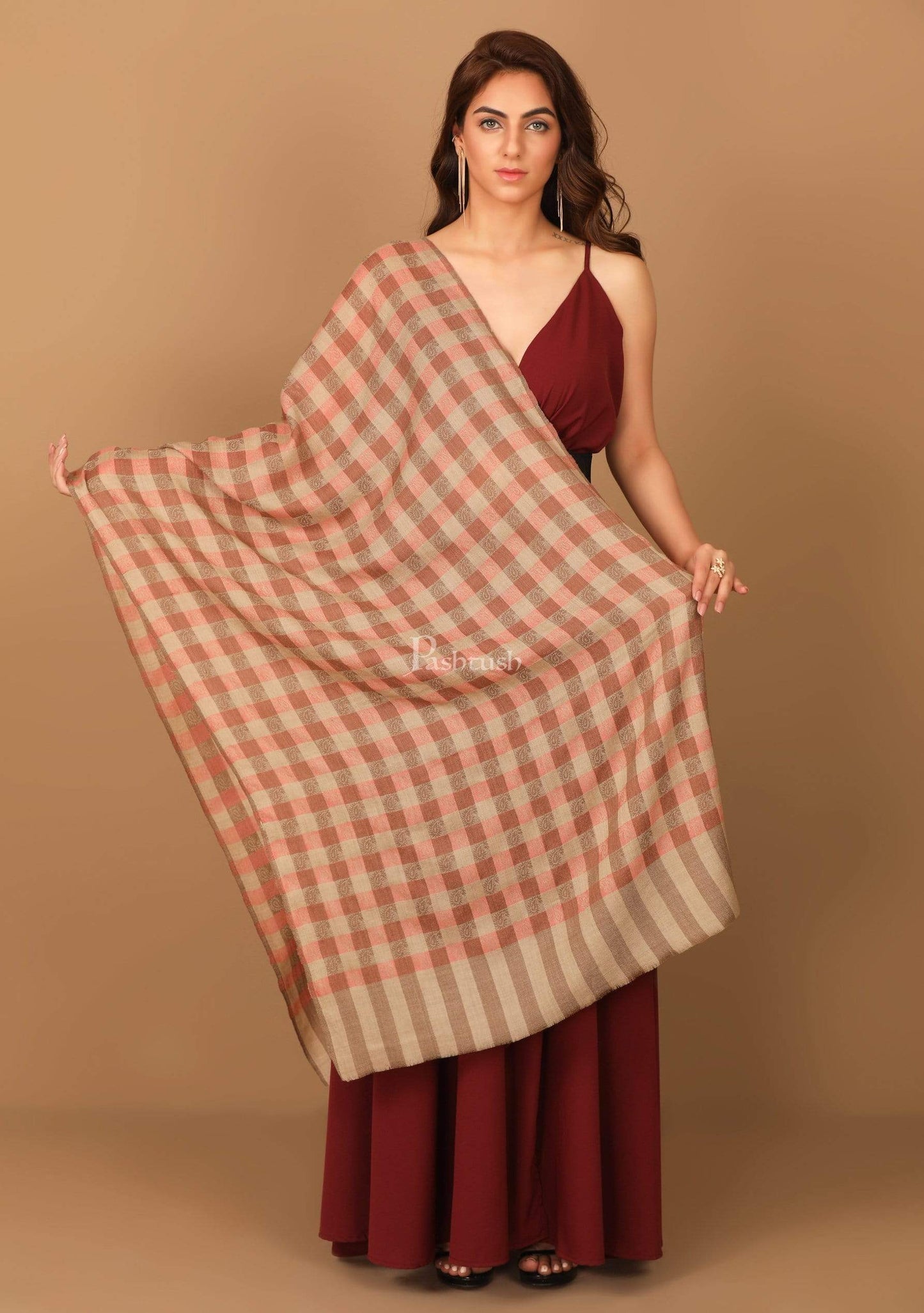 Pashtush Store Stole Pashtush Women’s Extra Fine Soft Wool Checkered stole, Beige and Peach