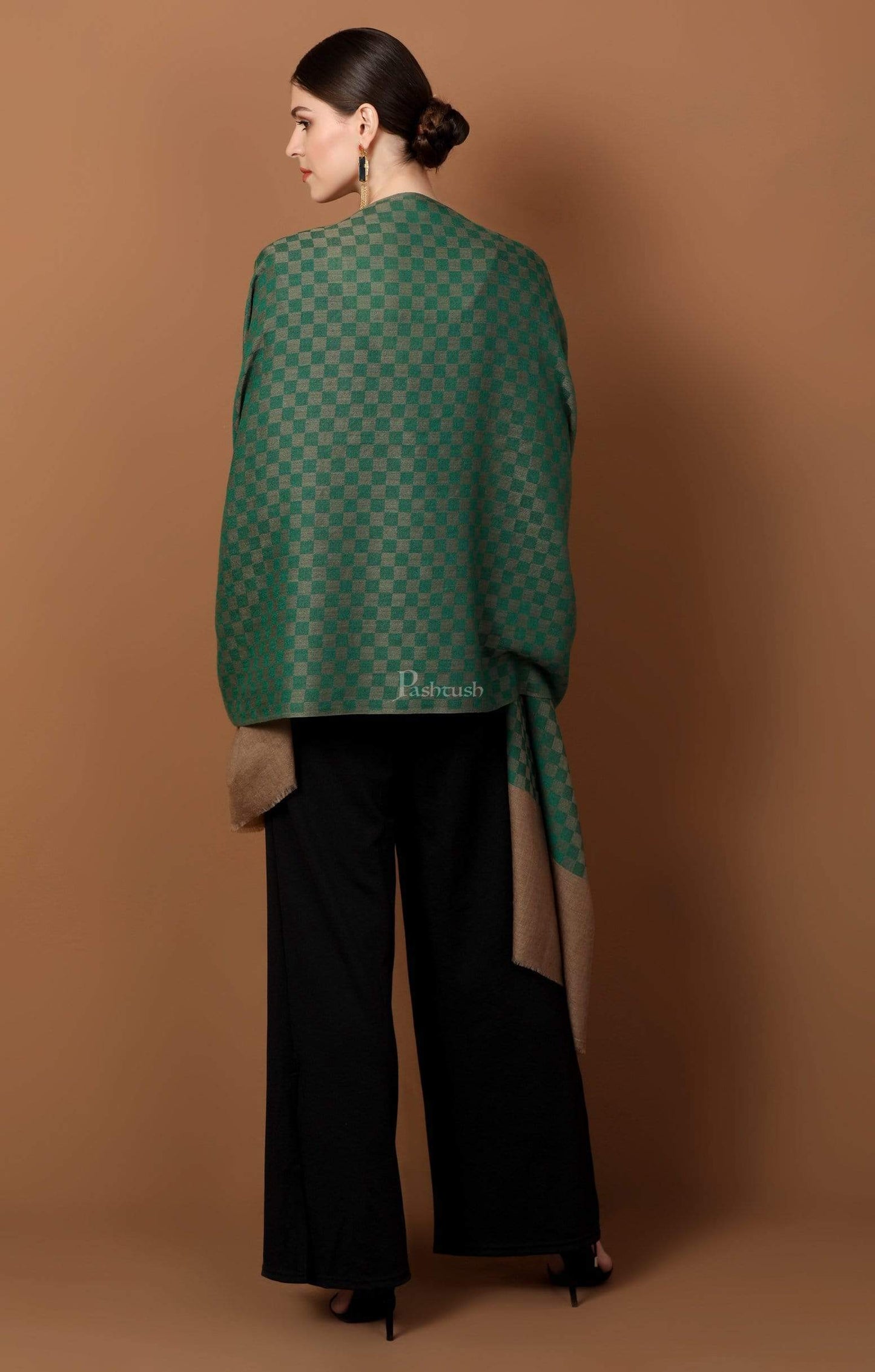 Pashtush India 70x200 Pashtush Women’s Extra Fine Soft Wool Checkered stole, Green and Taupe