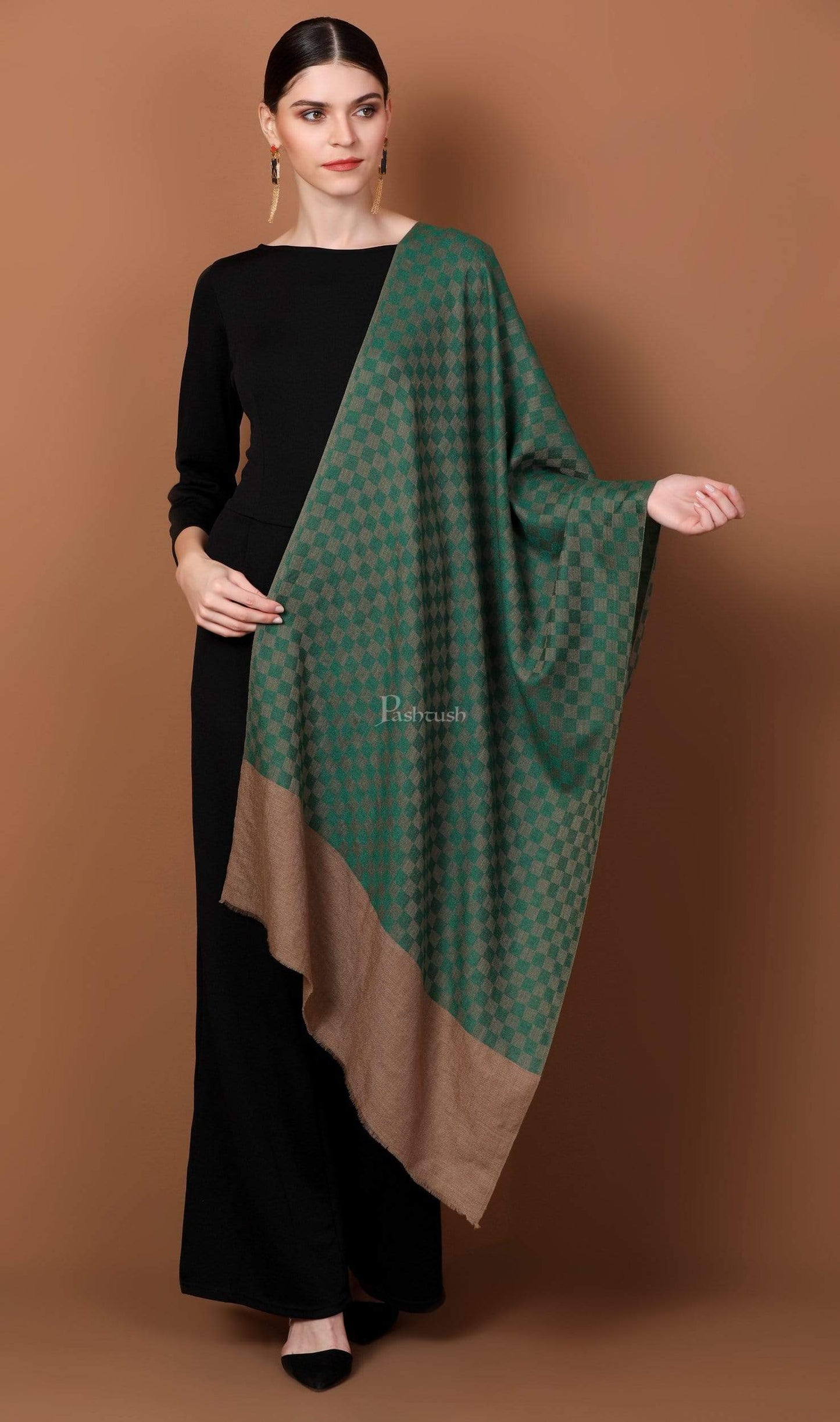 Pashtush India 70x200 Pashtush Women’s Extra Fine Soft Wool Checkered stole, Green and Taupe